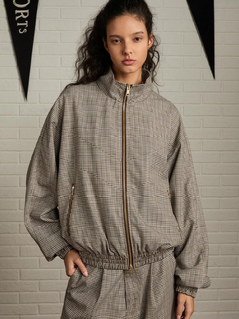 SUPERTOFU Retro Houndstooth Loose Fit Stand Collar Elastic Hem Unisex Zip Track Jackets