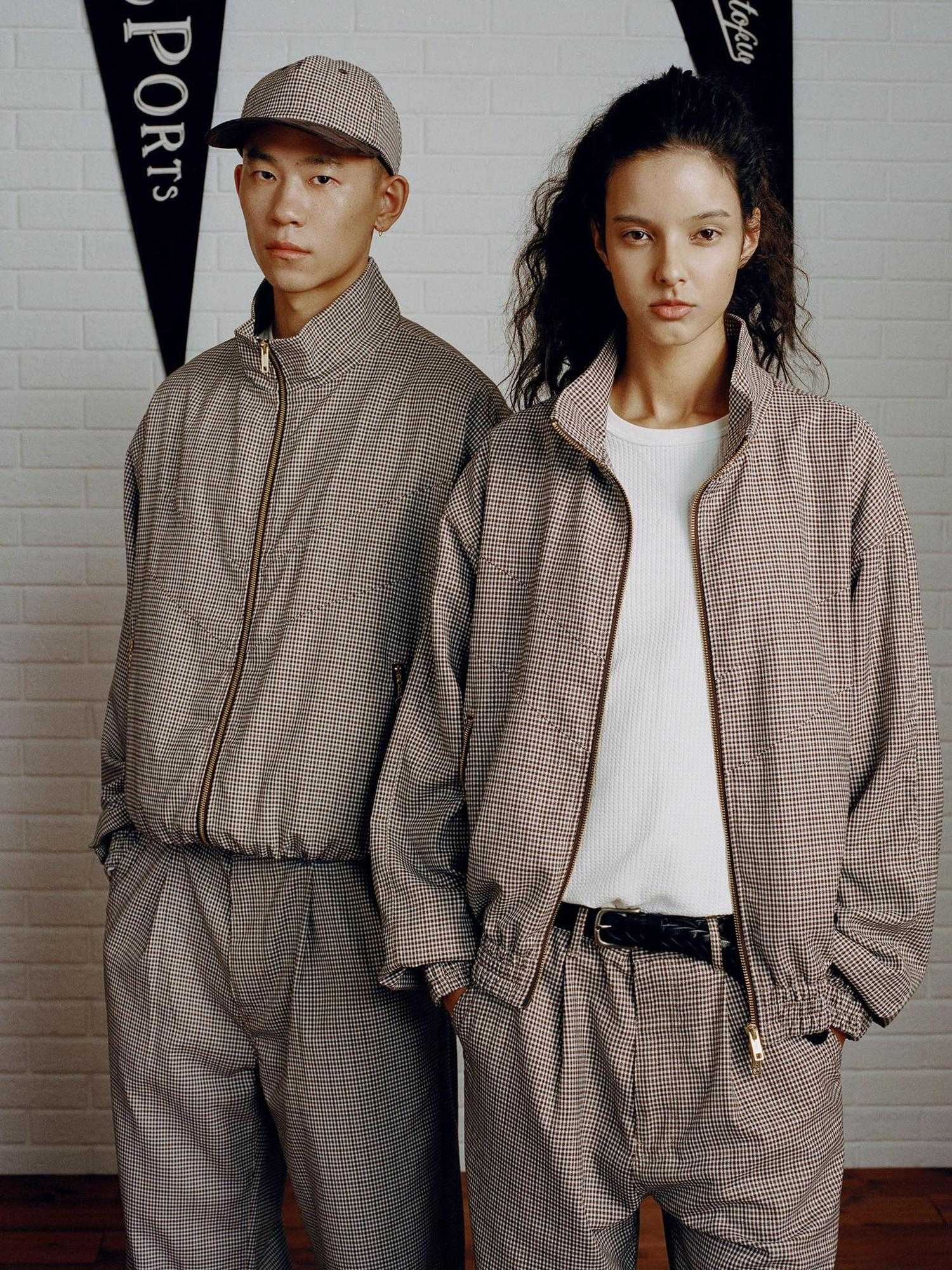 SUPERTOFU Retro Houndstooth Loose Fit Stand Collar Elastic Hem Unisex Zip Track Jackets