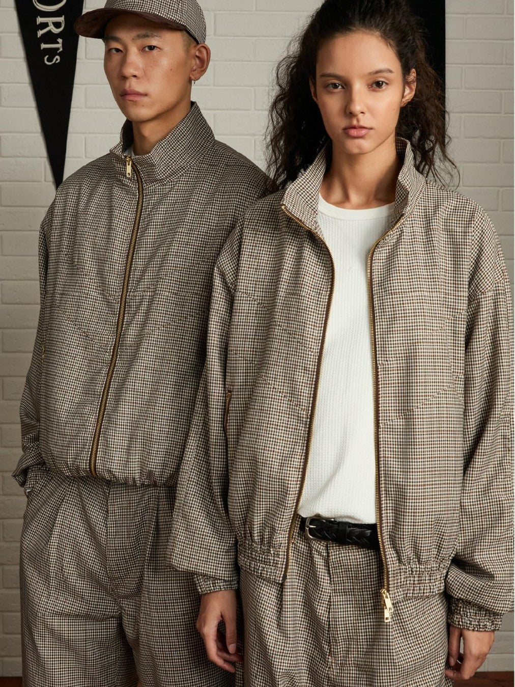 SUPERTOFU Retro Houndstooth Loose Fit Stand Collar Elastic Hem Unisex Zip Track Jackets
