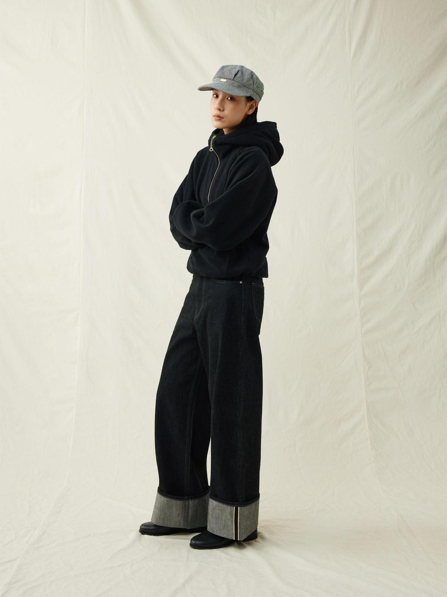 SUPERTOFU Reversible Brushed Terry Loose Fit Unisex Half Zip Adjustable Hem Black Hoodies