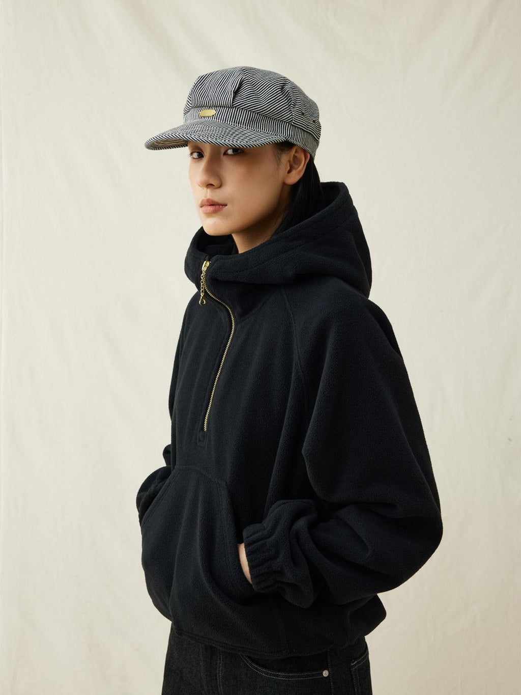 SUPERTOFU Reversible Brushed Terry Loose Fit Unisex Half Zip Adjustable Hem Black Hoodies