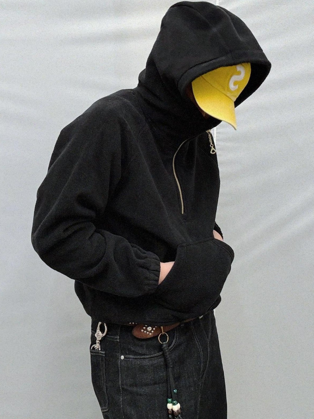 SUPERTOFU Reversible Brushed Terry Loose Fit Unisex Half Zip Adjustable Hem Black Hoodies