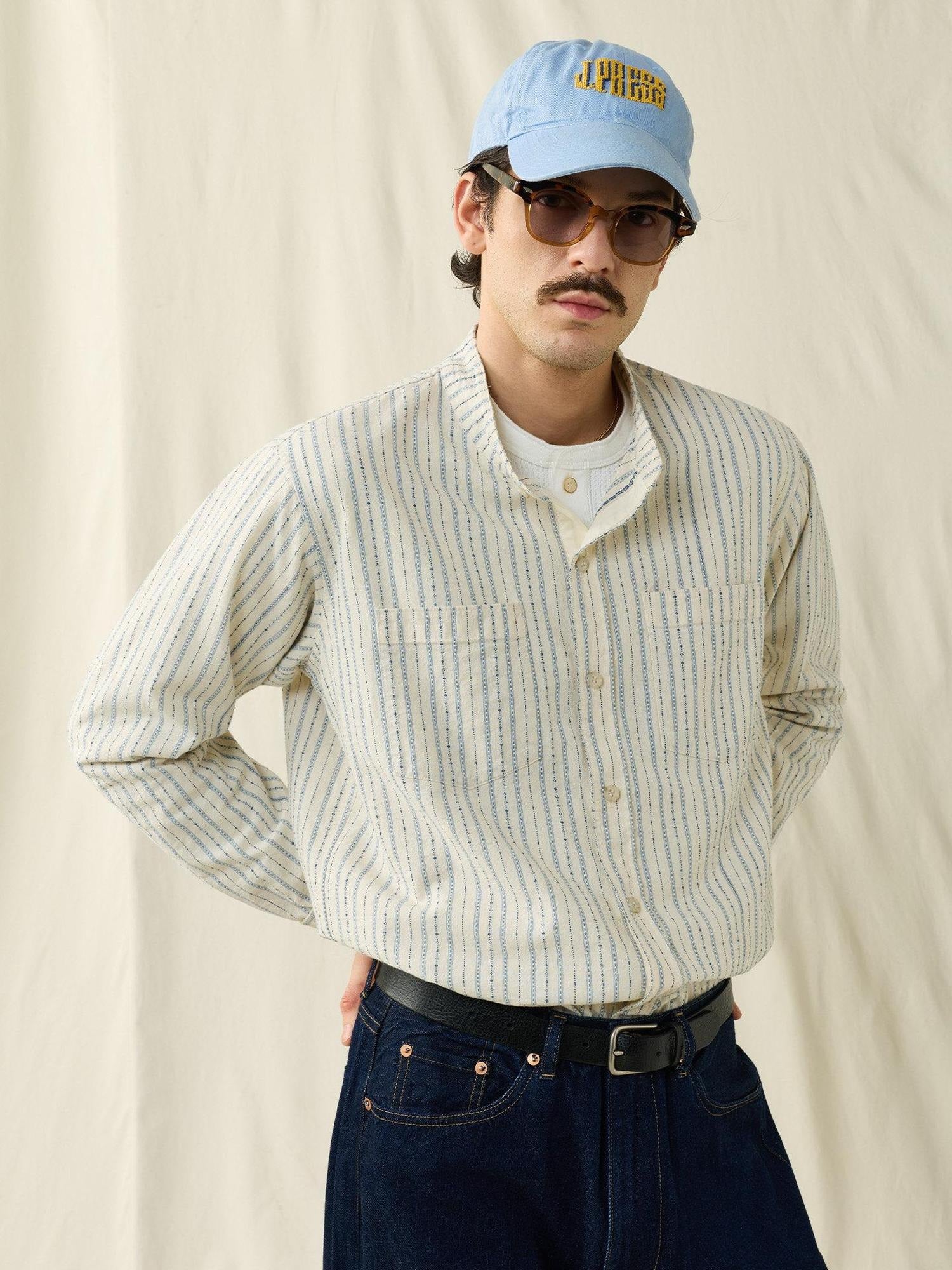 SUPERTOFU Soft 100% Cotton Jacquard Striped Point Collar Long Sleeve Unisex Shirts