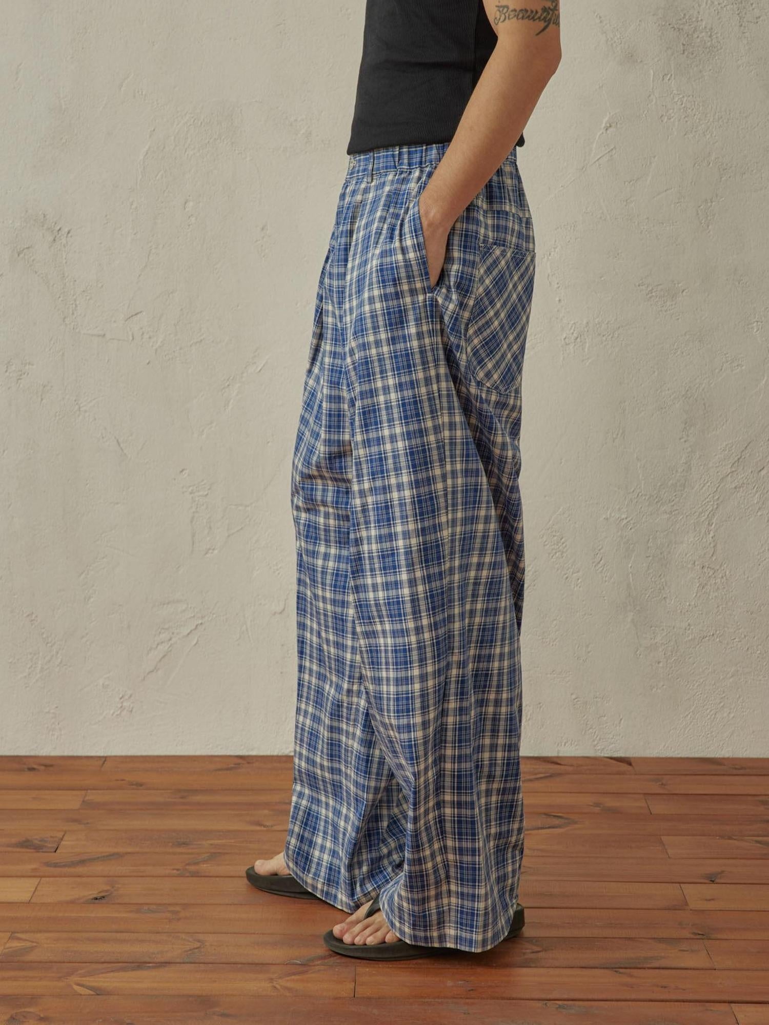 SUPERTOFU Soft 100 Percent Cotton Loose Straight Leg Zipper Fly Unisex Retro Plaid Chinos
