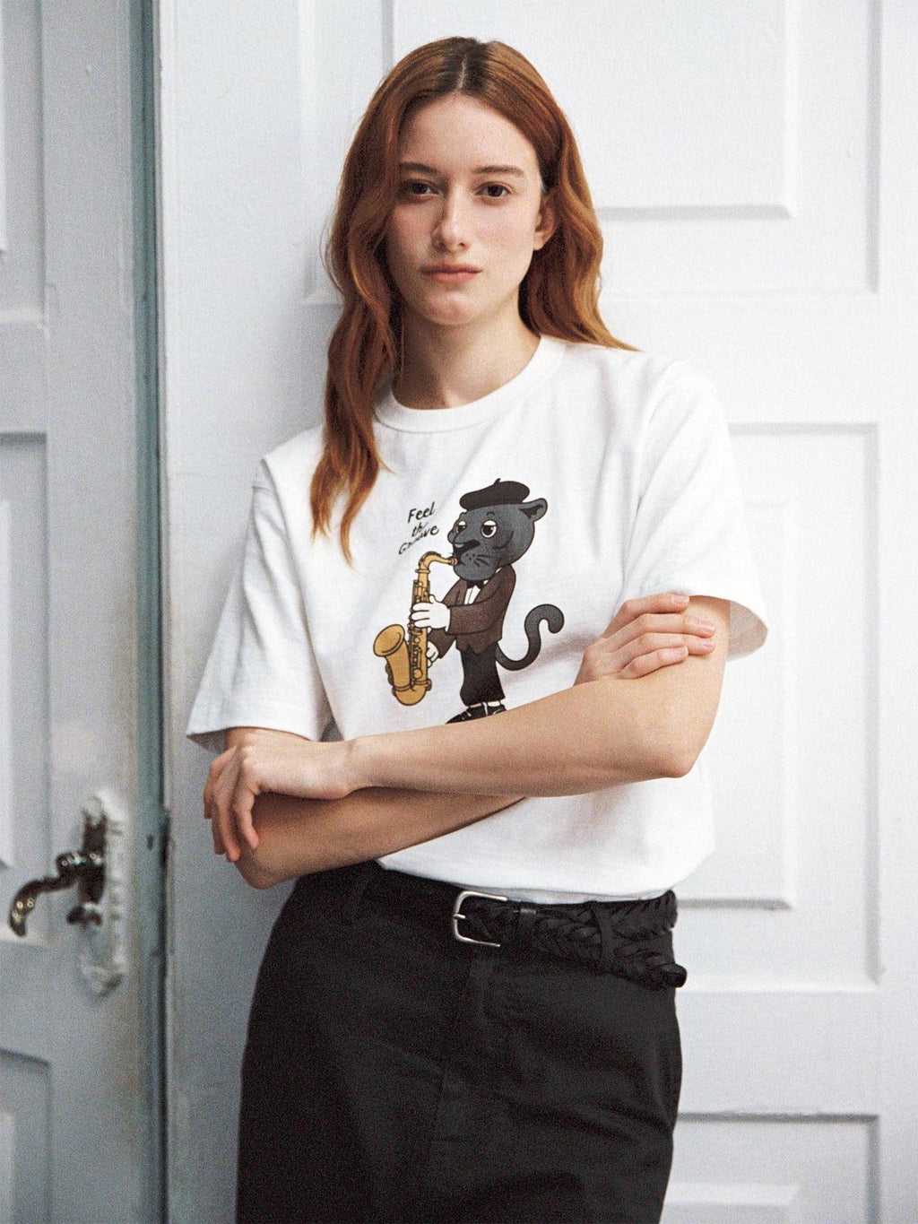 SUPERTOFU Soft Bamboo Cotton Vintage Cartoon Crewneck Unisex Navy Short Sleeve T-Shirts