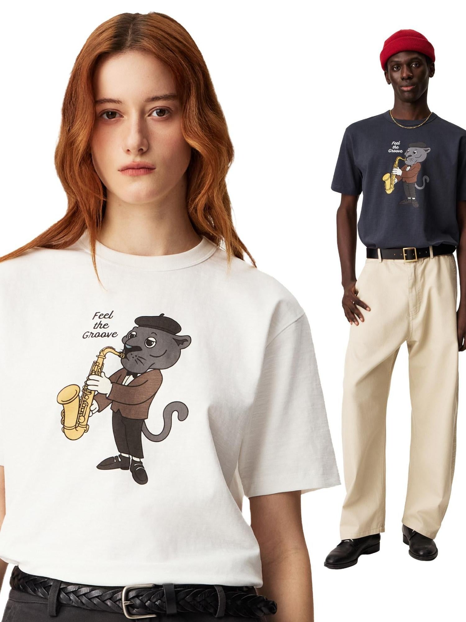 SUPERTOFU Soft Bamboo Cotton Vintage Cartoon Crewneck Unisex Navy Short Sleeve T-Shirts