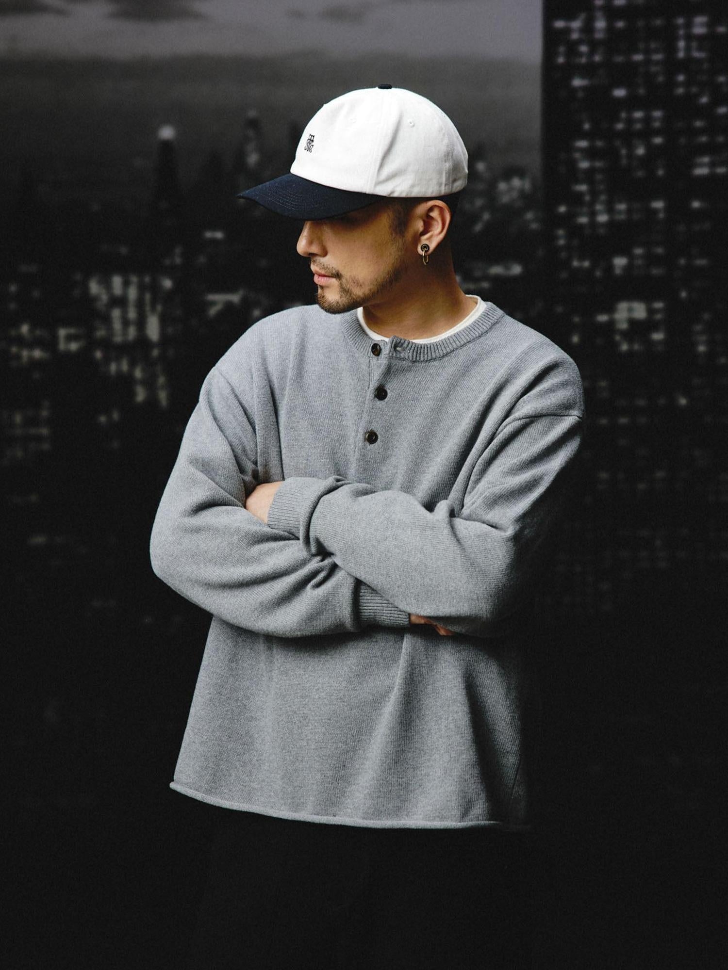 SUPERTOFU Soft Breathable Cotton Button Henley Loose Rolled Edge Unisex Sweaters