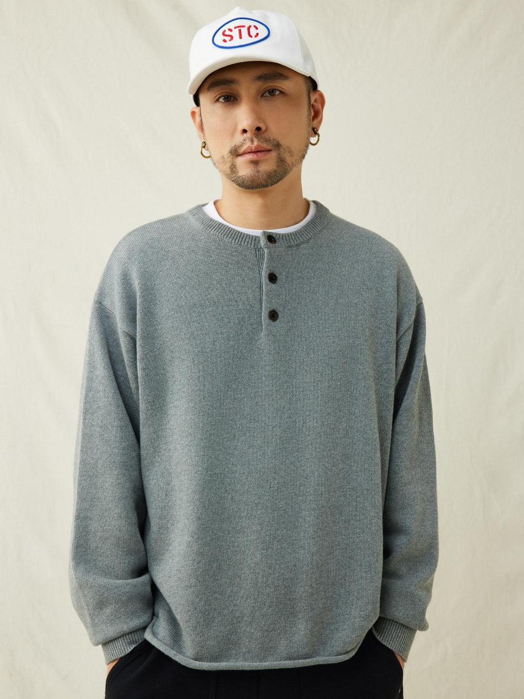 SUPERTOFU Soft Breathable Cotton Button Henley Loose Rolled Edge Unisex Sweaters