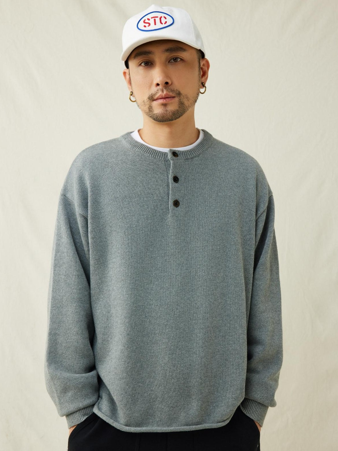 SUPERTOFU Soft Breathable Cotton Button Henley Loose Rolled Edge Unisex Sweaters