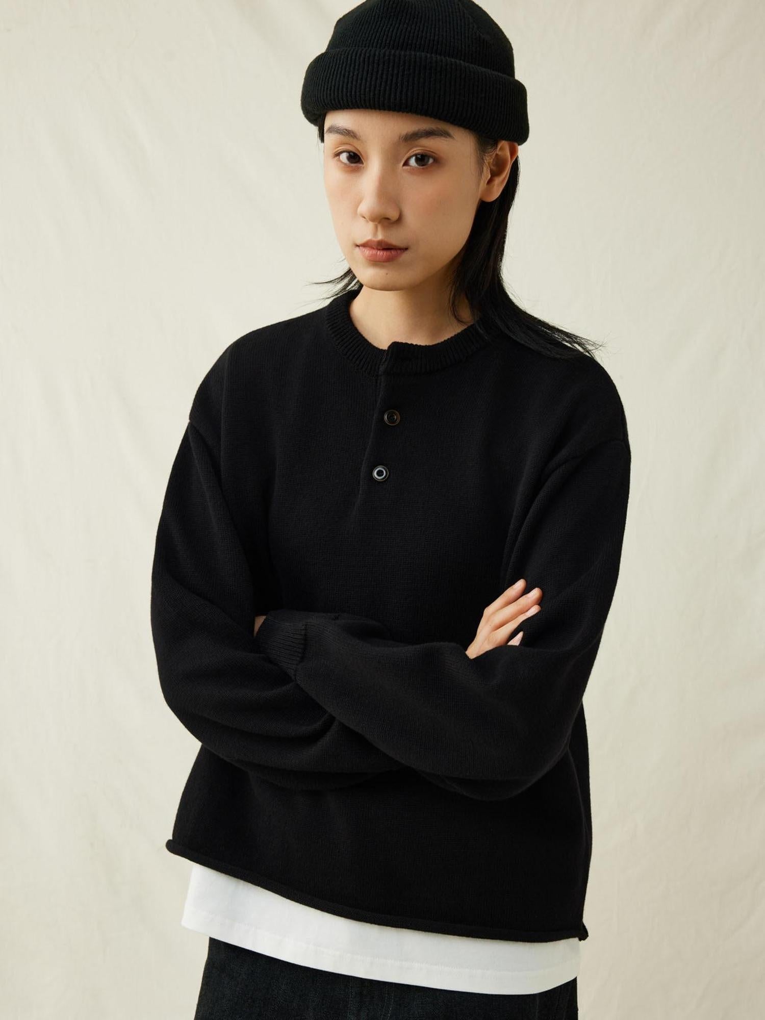 SUPERTOFU Soft Breathable Cotton Button Henley Loose Rolled Edge Unisex Sweaters