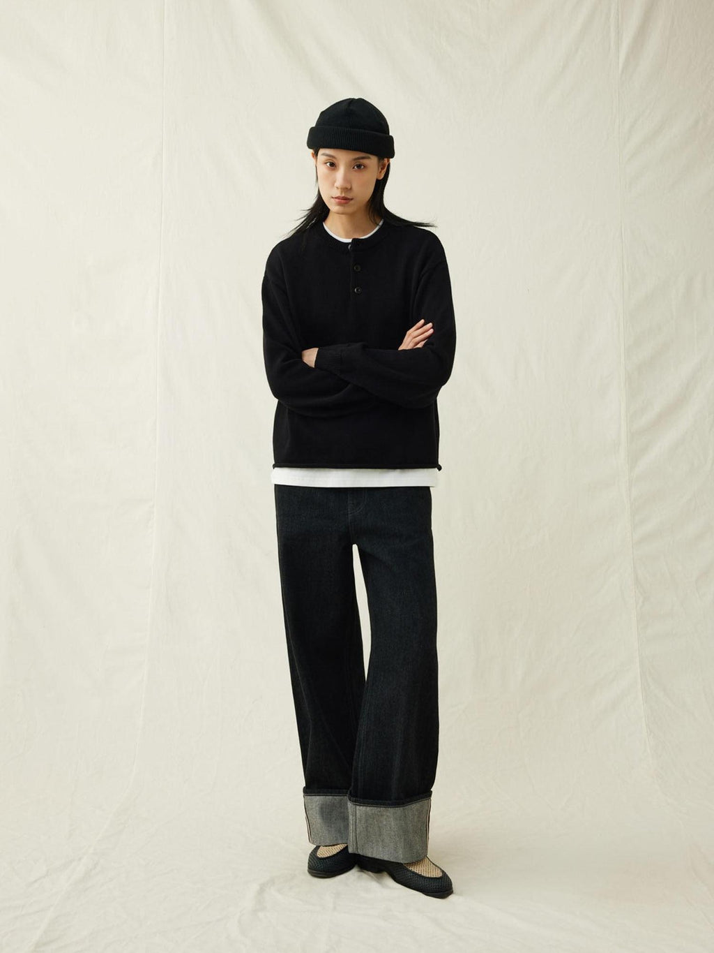 SUPERTOFU Soft Breathable Cotton Button Henley Loose Rolled Edge Unisex Sweaters