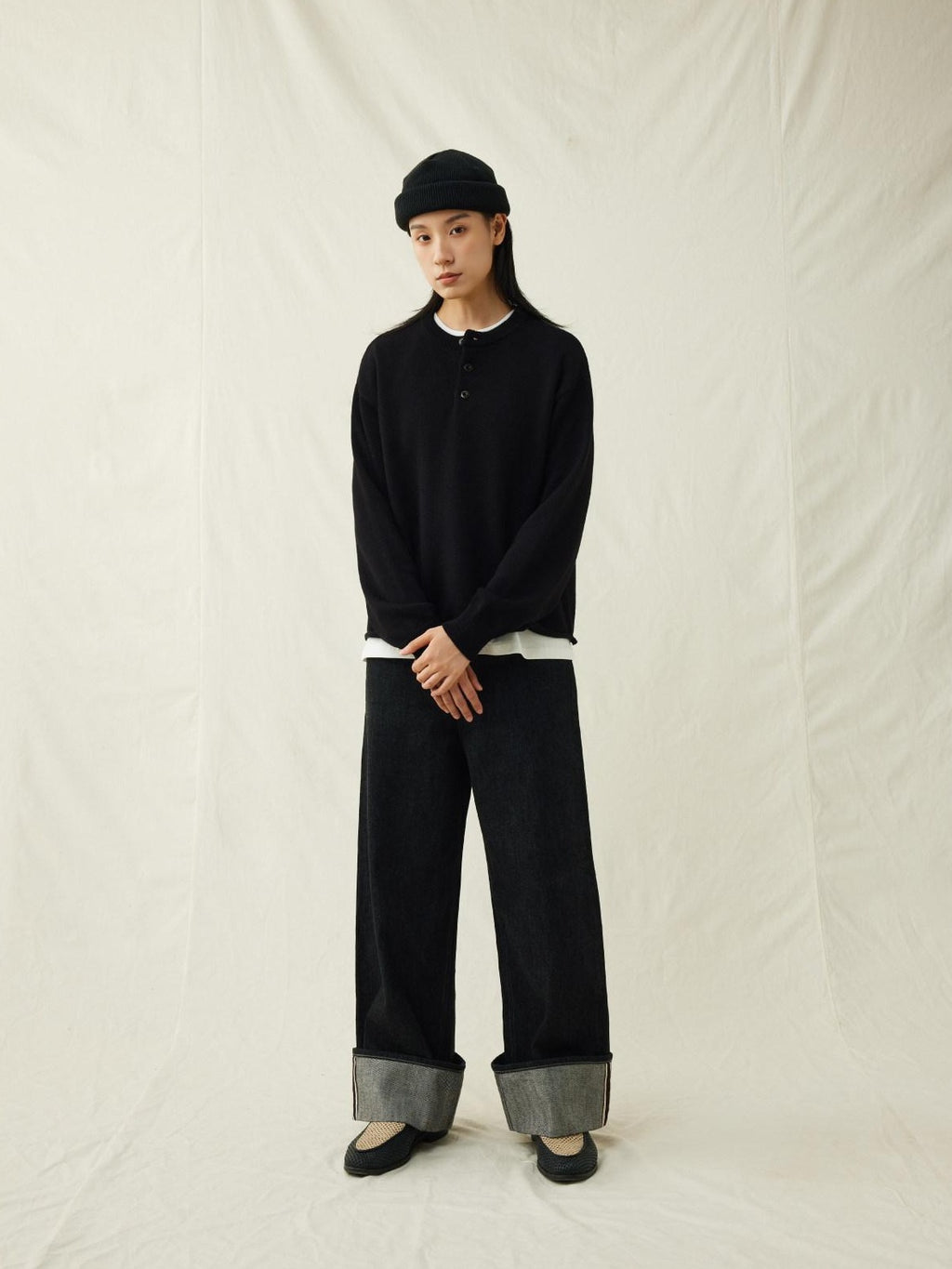 SUPERTOFU Soft Breathable Cotton Button Henley Loose Rolled Edge Unisex Sweaters