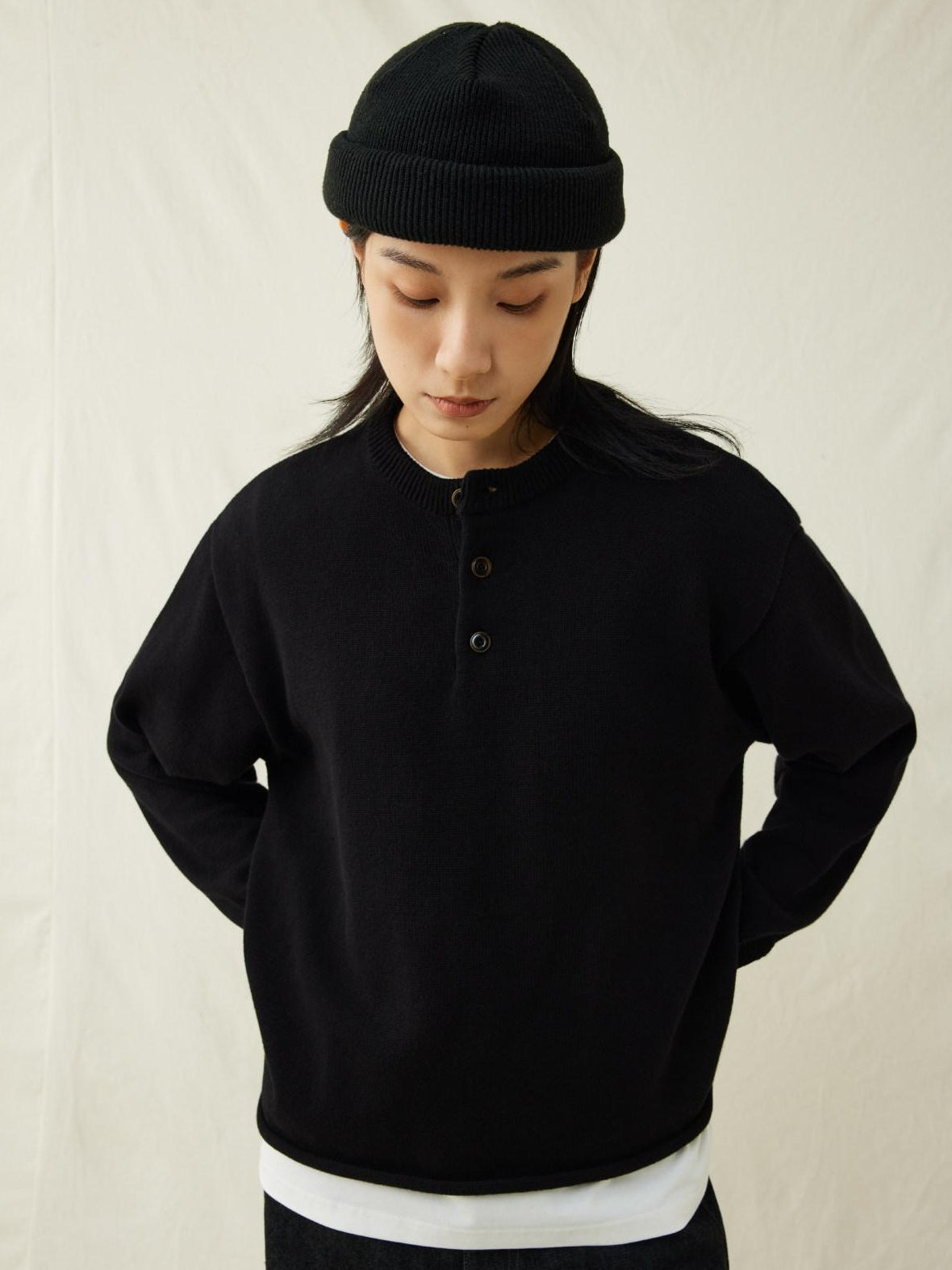 SUPERTOFU Soft Breathable Cotton Button Henley Loose Rolled Edge Unisex Sweaters