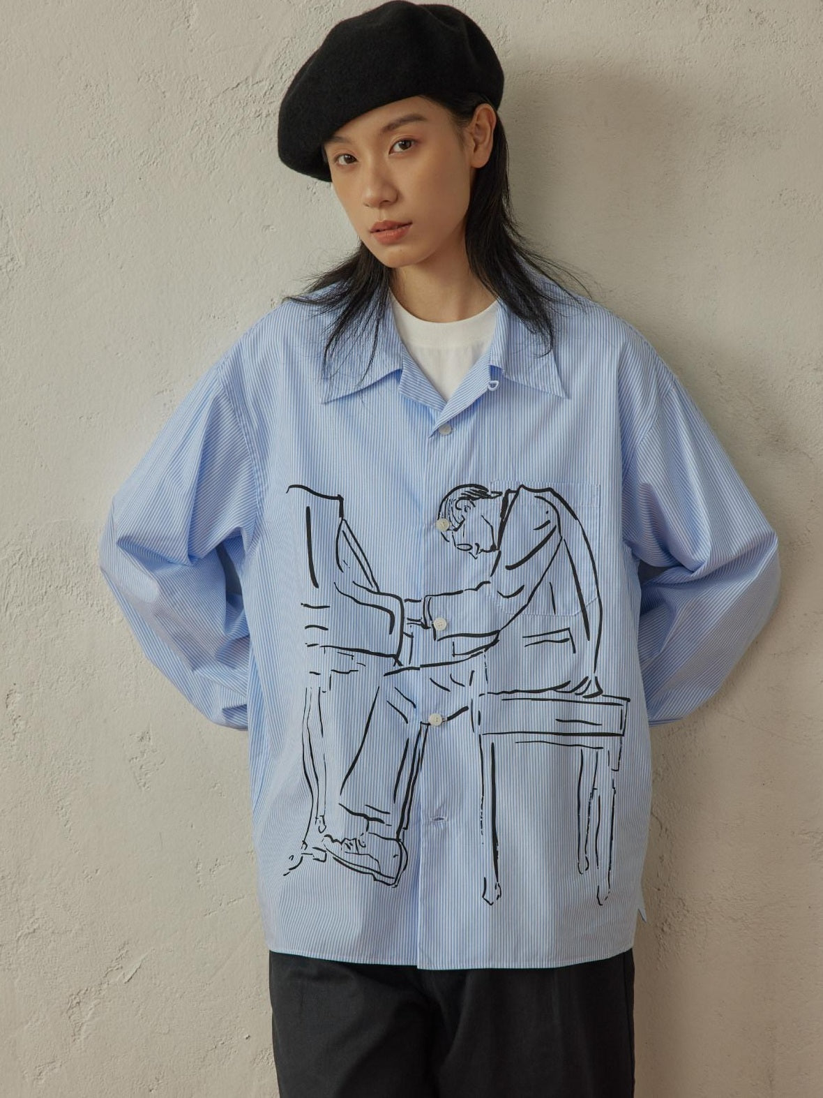 SUPERTOFU Soft Pure Cotton Loose Vintage Cuban Collar Longsleeve Unisex Blue Stripe Shirts