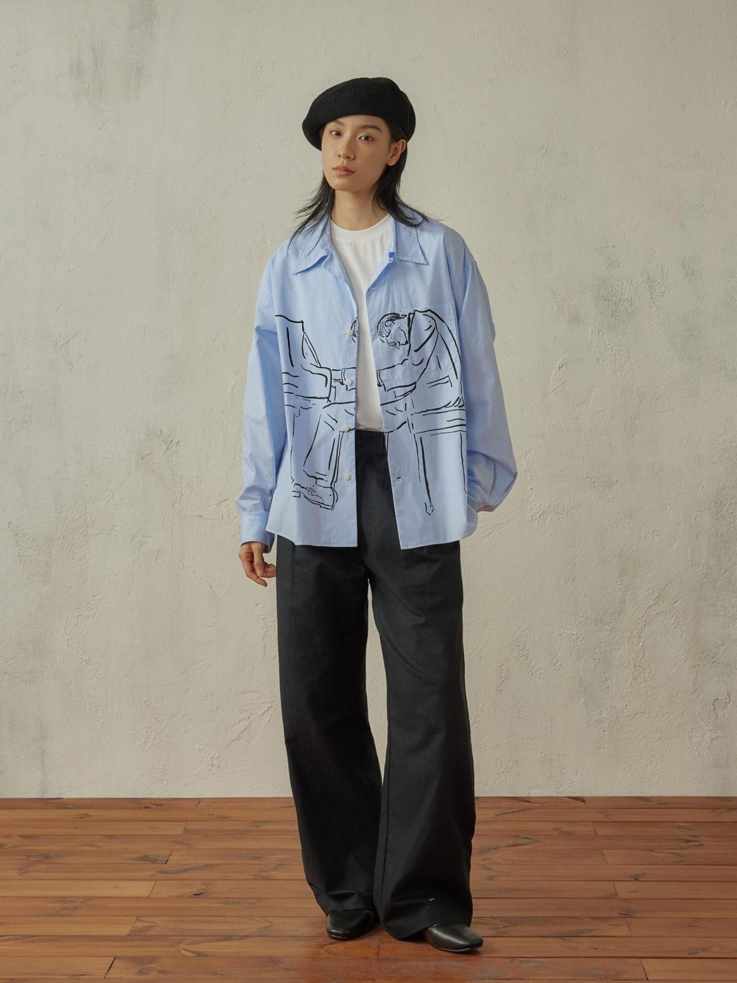 SUPERTOFU Soft Pure Cotton Loose Vintage Cuban Collar Longsleeve Unisex Blue Stripe Shirts