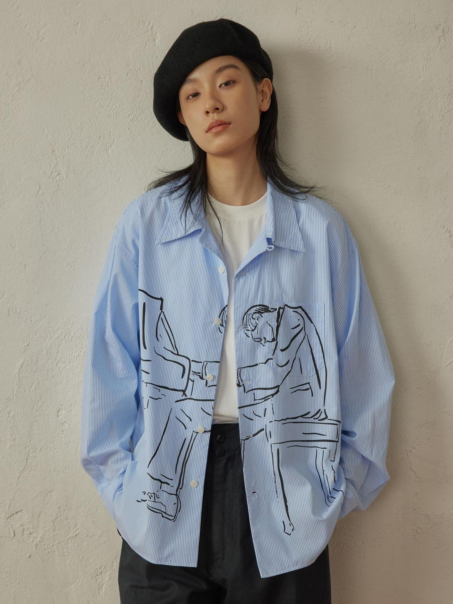 SUPERTOFU Soft Pure Cotton Loose Vintage Cuban Collar Longsleeve Unisex Blue Stripe Shirts