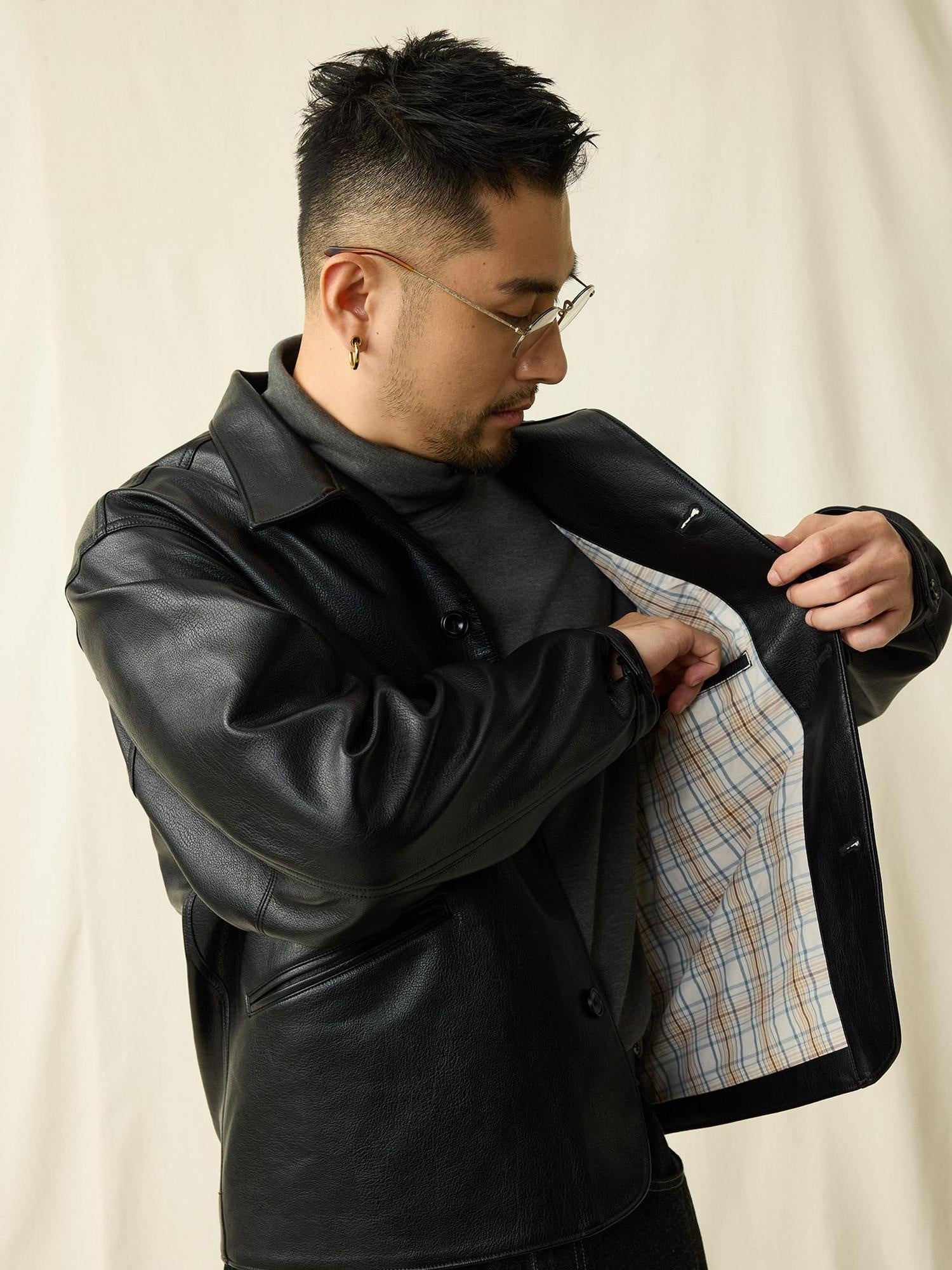 SUPERTOFU Thick Retro Lapel Collar Classic Fit Unisex Black Pu Leather Jackets