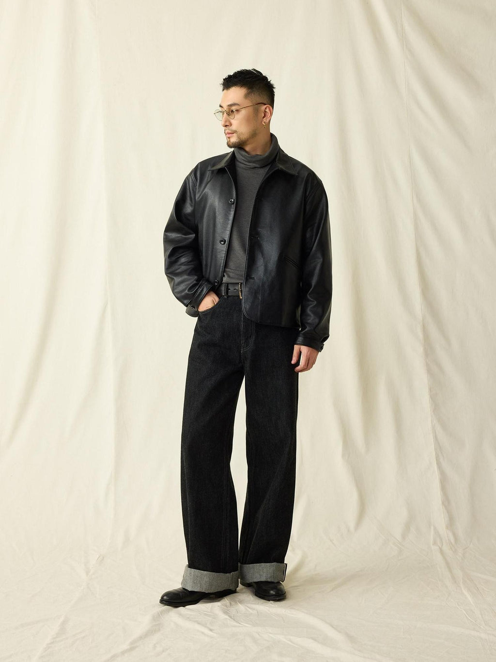 SUPERTOFU Thick Retro Lapel Collar Classic Fit Unisex Black Pu Leather Jackets