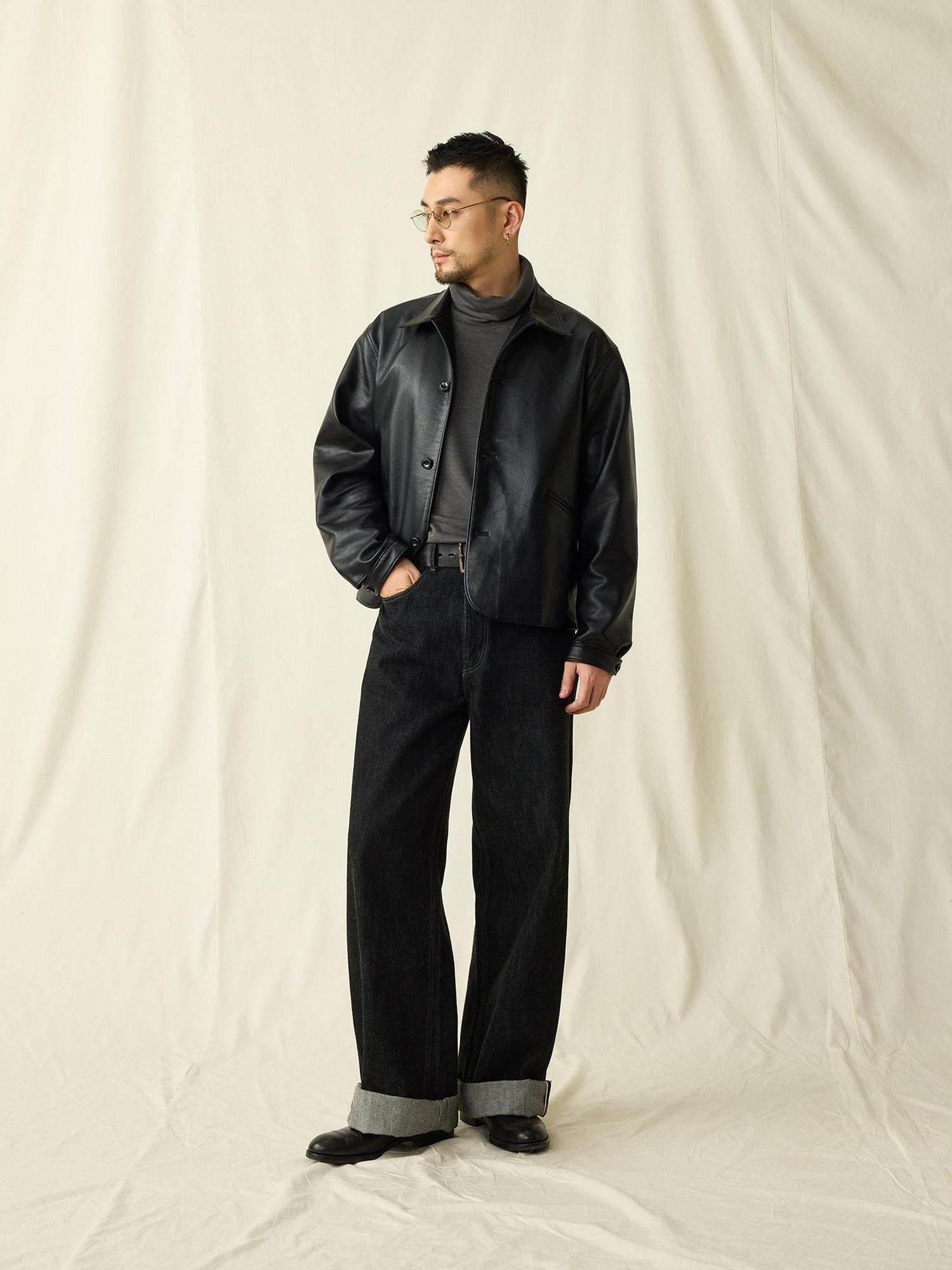 SUPERTOFU Thick Retro Lapel Collar Classic Fit Unisex Black Pu Leather Jackets
