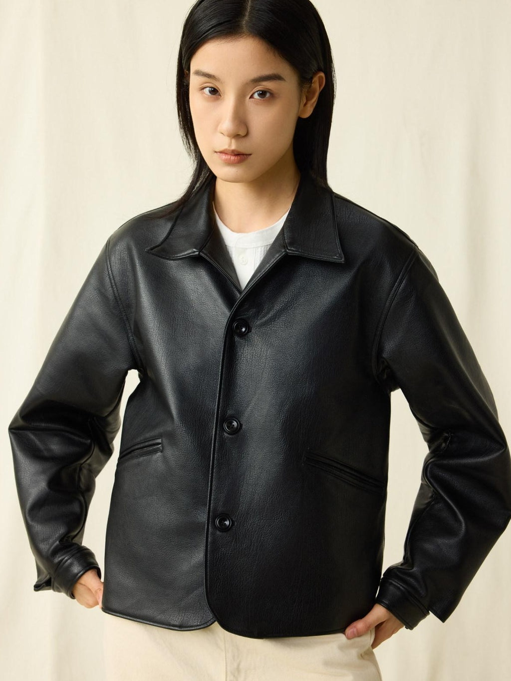 SUPERTOFU Thick Retro Lapel Collar Classic Fit Unisex Black Pu Leather Jackets