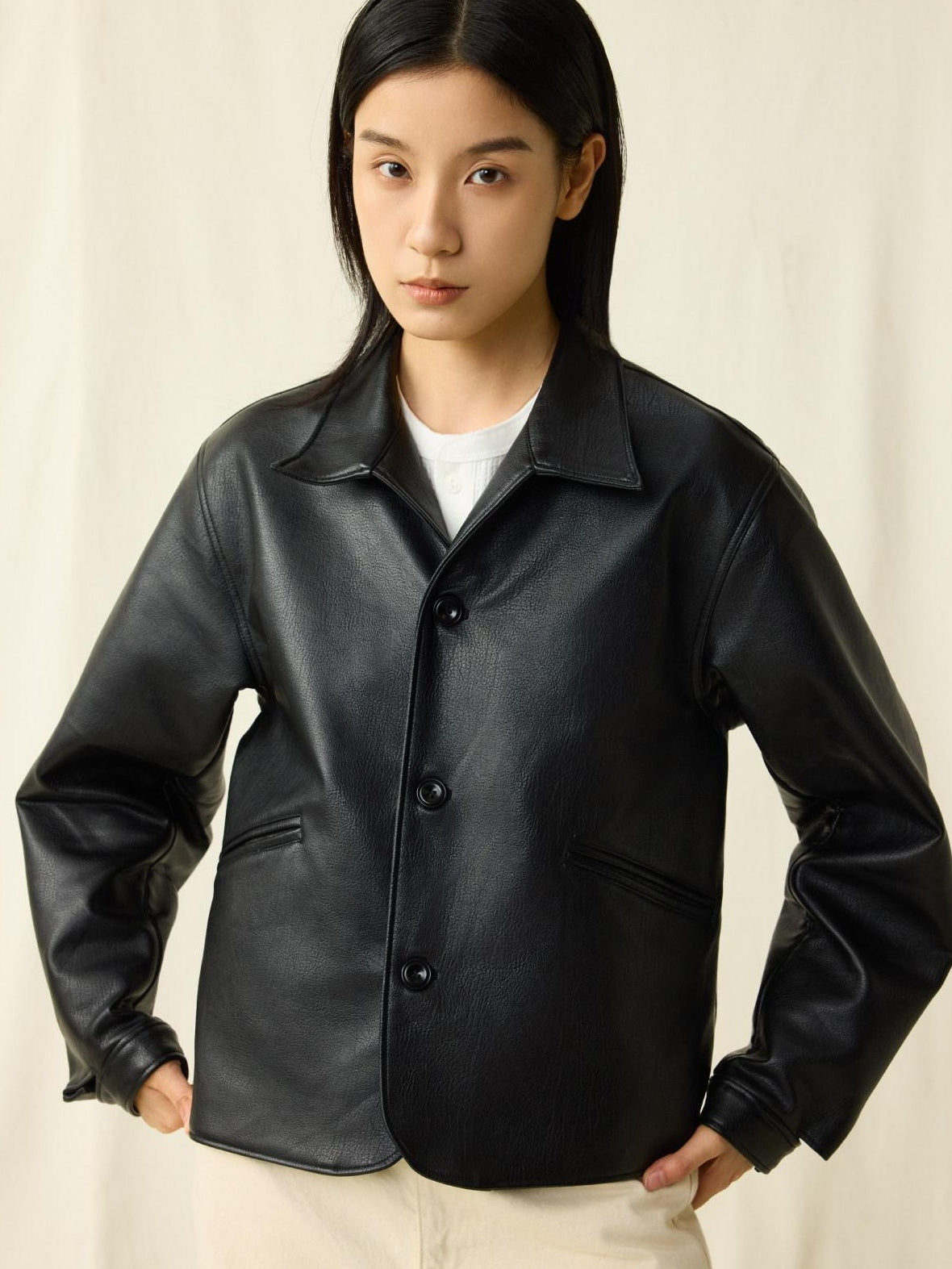 SUPERTOFU Thick Retro Lapel Collar Classic Fit Unisex Black Pu Leather Jackets
