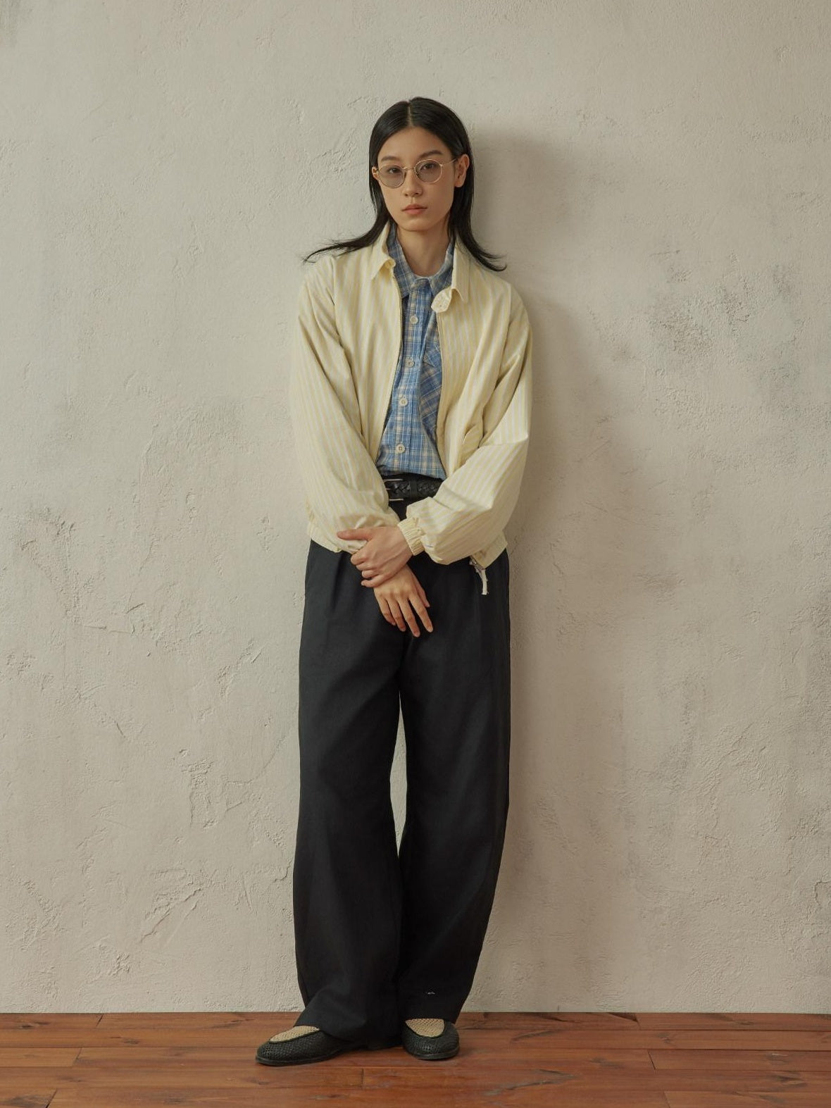 SUPERTOFU Thin Cotton Striped Zip Cropped Retro Collar Yellow Unisex Longsleeve Shirts