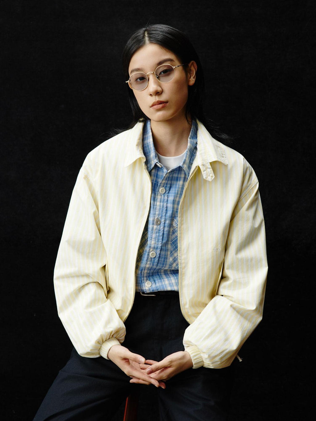 SUPERTOFU Thin Cotton Striped Zip Cropped Retro Collar Yellow Unisex Longsleeve Shirts