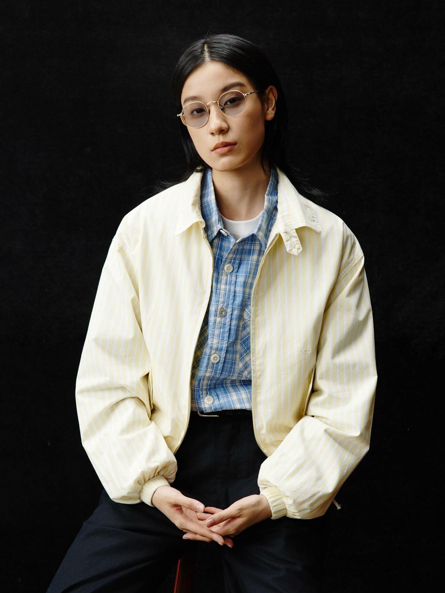 SUPERTOFU Thin Cotton Striped Zip Cropped Retro Collar Yellow Unisex Longsleeve Shirts