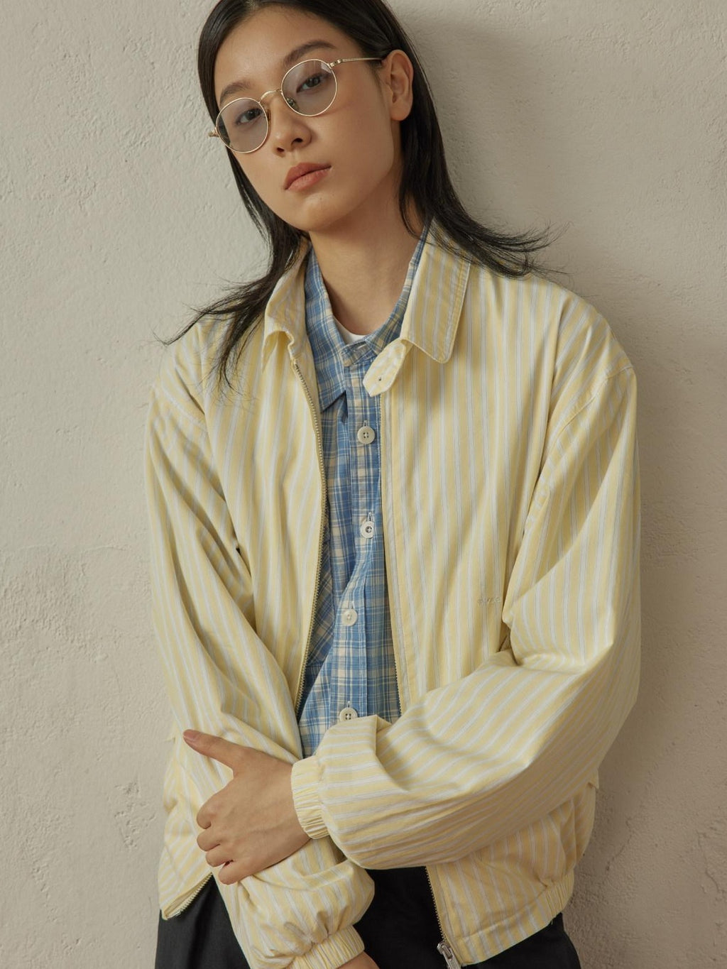 SUPERTOFU Thin Cotton Striped Zip Cropped Retro Collar Yellow Unisex Longsleeve Shirts