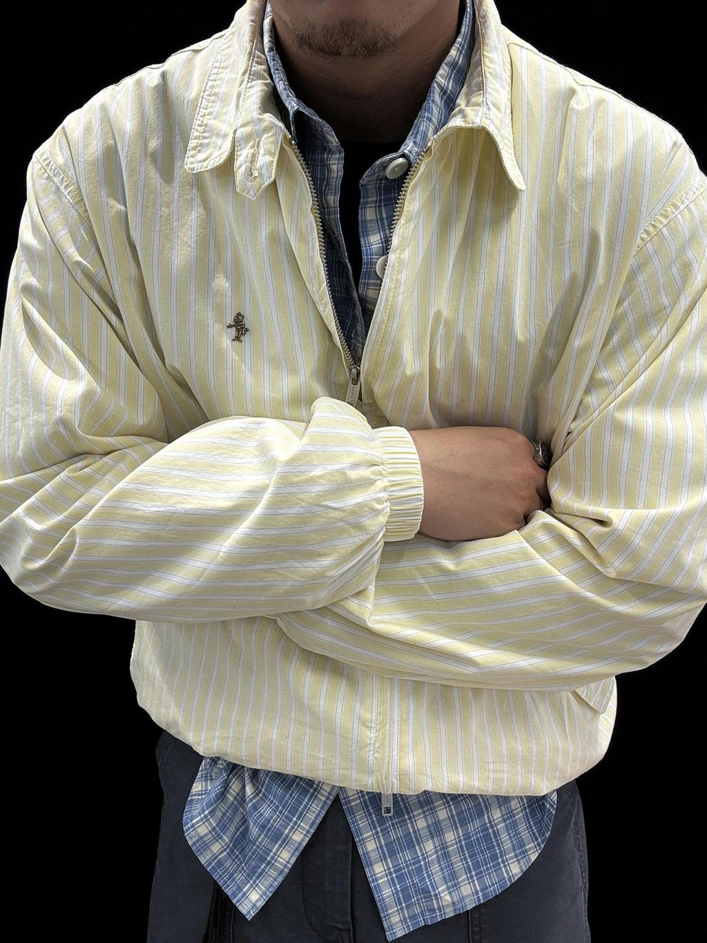 SUPERTOFU Thin Cotton Striped Zip Cropped Retro Collar Yellow Unisex Longsleeve Shirts