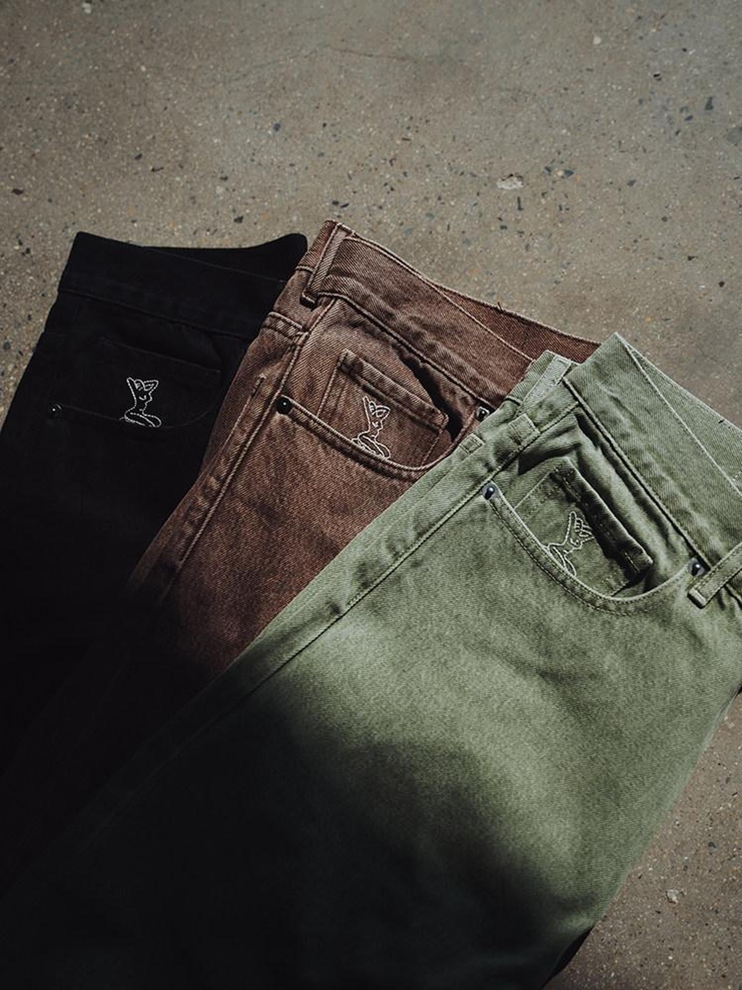 SUPERTOFU Vintage Washed Embroidered Mid Rise Relaxed Cotton Zip Fly Black Straight Jeans