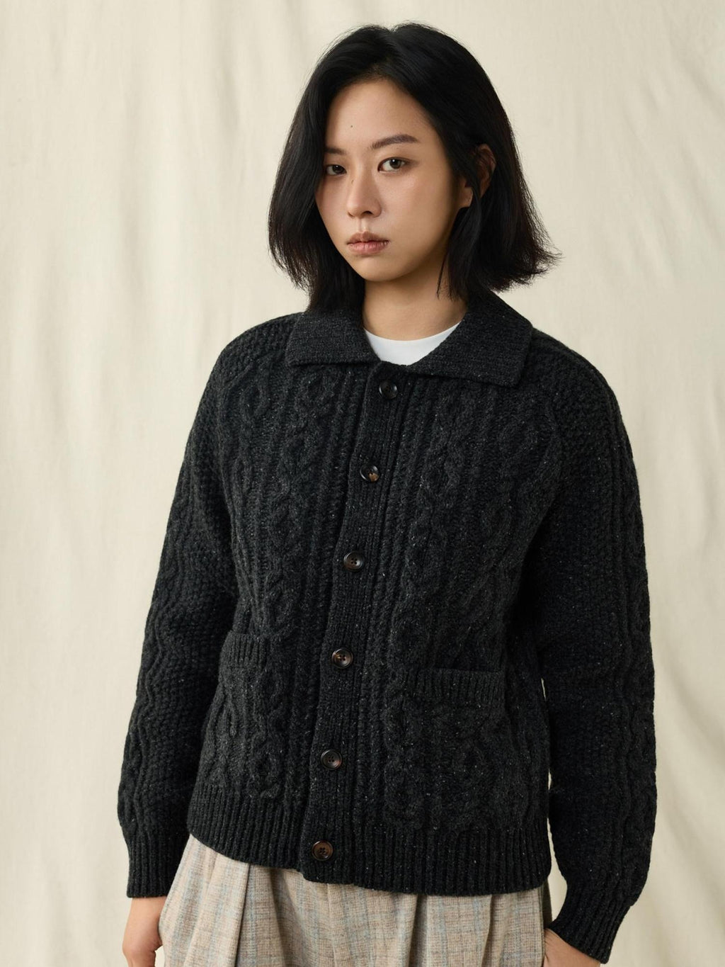 SUPERTOFU Warm 100 Percent Wool Cable Knit Pocket Relaxed Fit Unisex Casual Cardigans