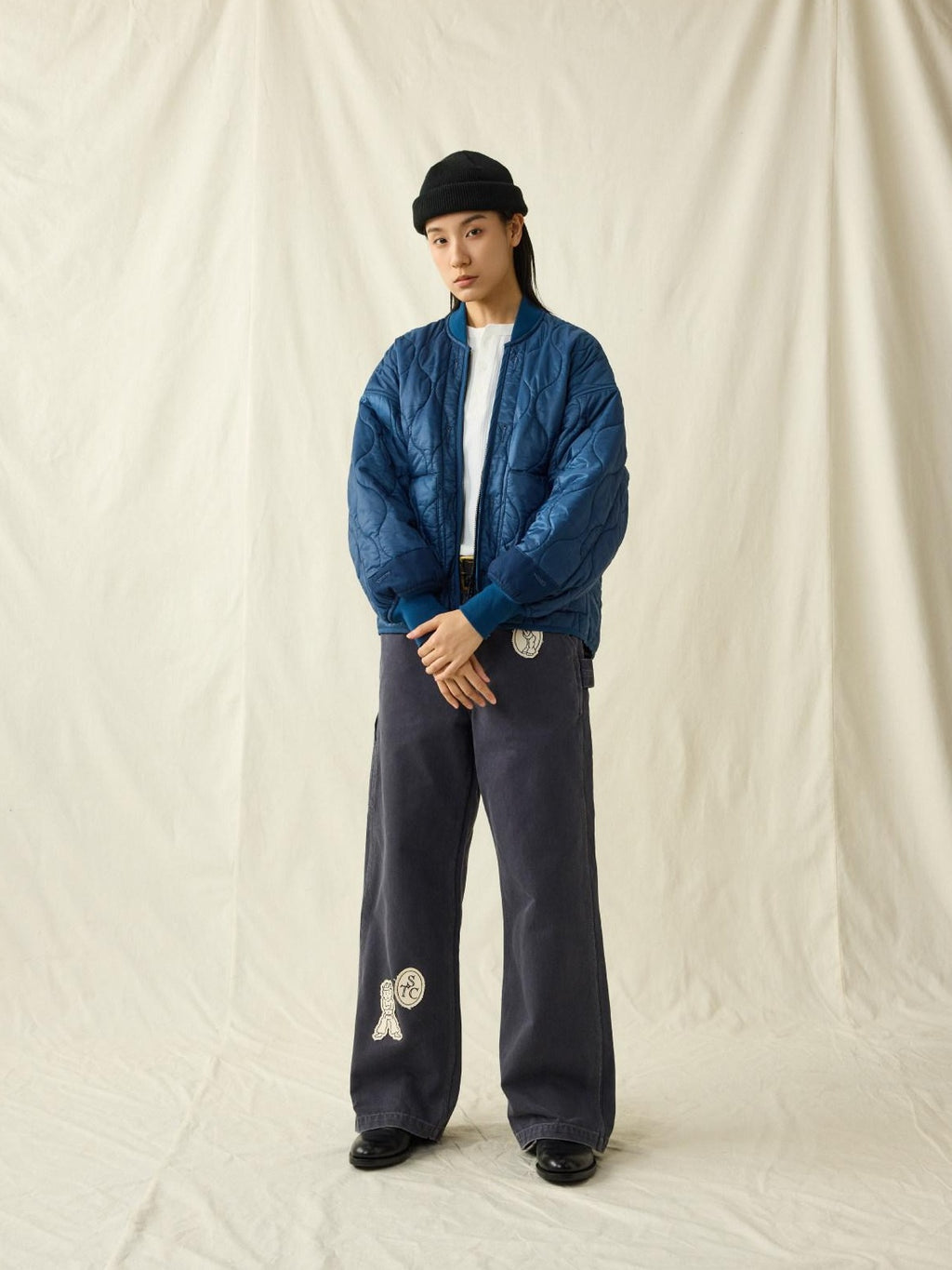 SUPERTOFU Warm Cotton Lined Vintage Short Dual Zip Unisex Blue Puffer Jackets
