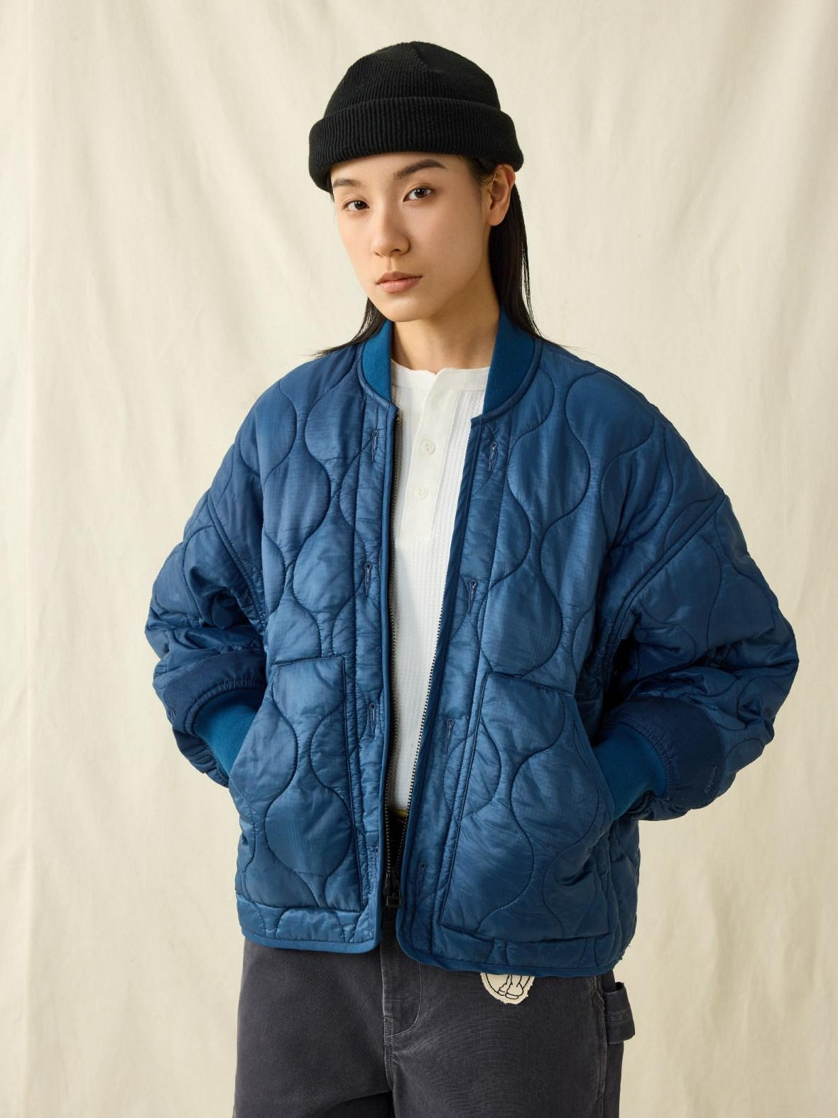 SUPERTOFU Warm Cotton Lined Vintage Short Dual Zip Unisex Blue Puffer Jackets