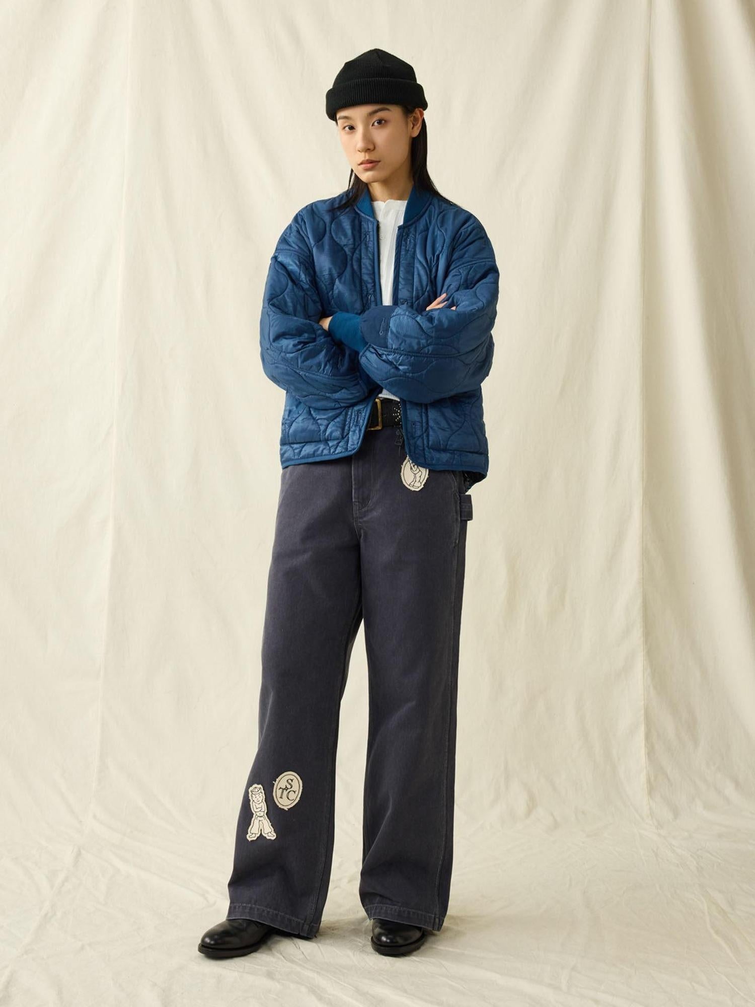 SUPERTOFU Warm Cotton Lined Vintage Short Dual Zip Unisex Blue Puffer Jackets