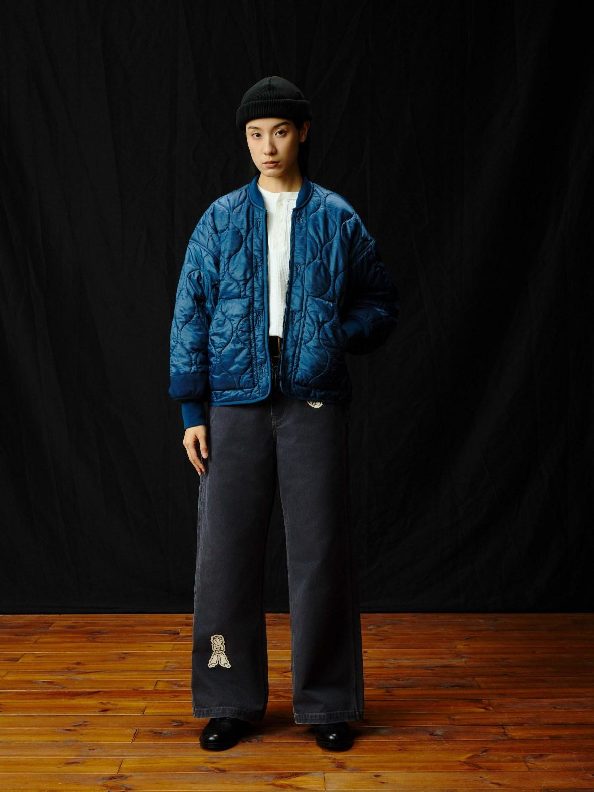 SUPERTOFU Warm Cotton Lined Vintage Short Dual Zip Unisex Blue Puffer Jackets