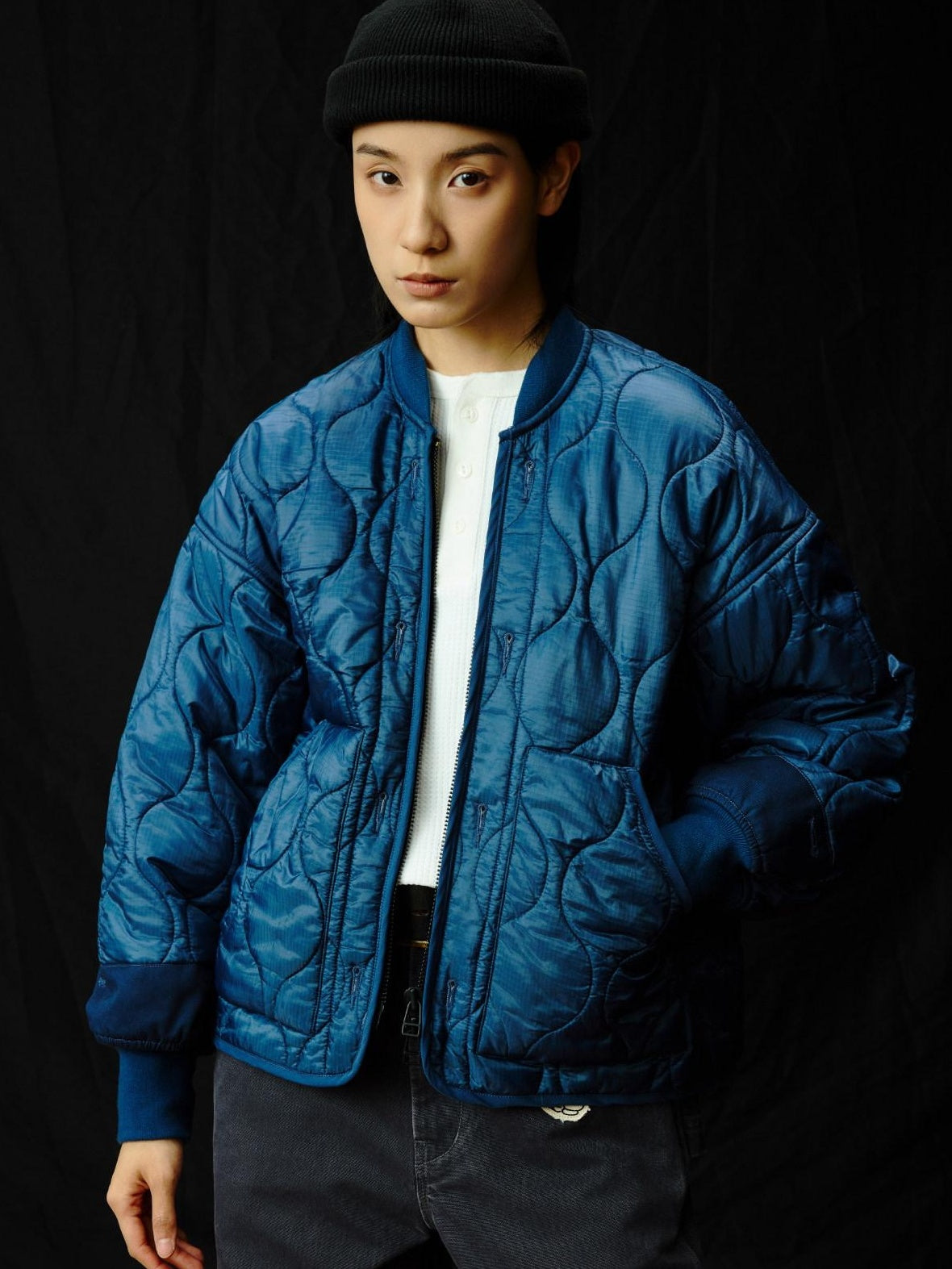 SUPERTOFU Warm Cotton Lined Vintage Short Dual Zip Unisex Blue Puffer Jackets