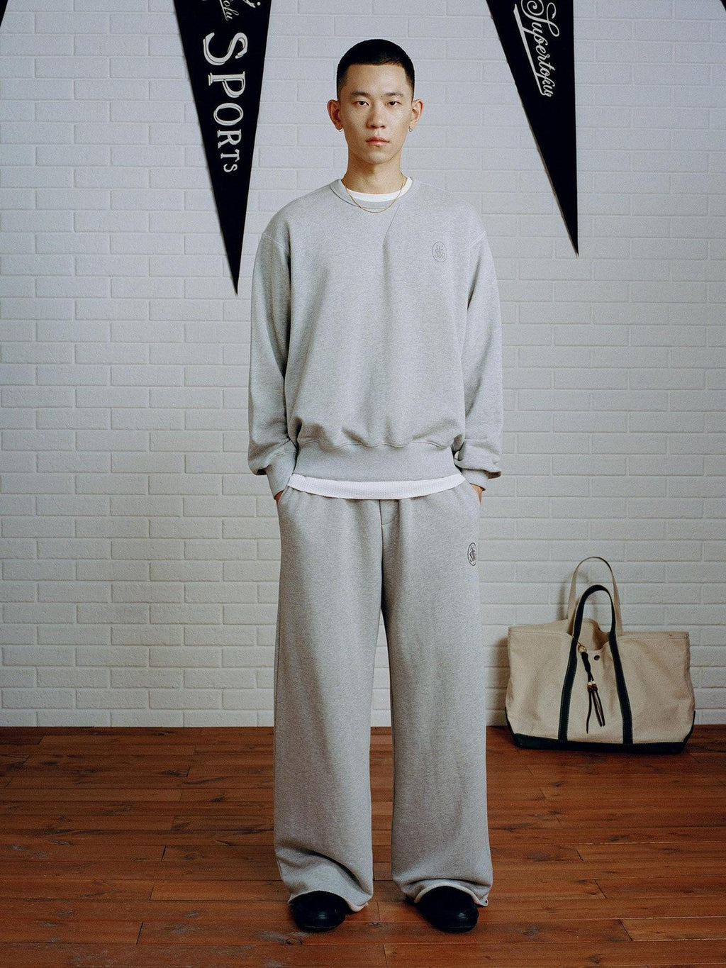 SUPERTOFU Warm Cotton Wide Fit Japanese Vintage Sport Mid Waist Black Gray Straight Pants