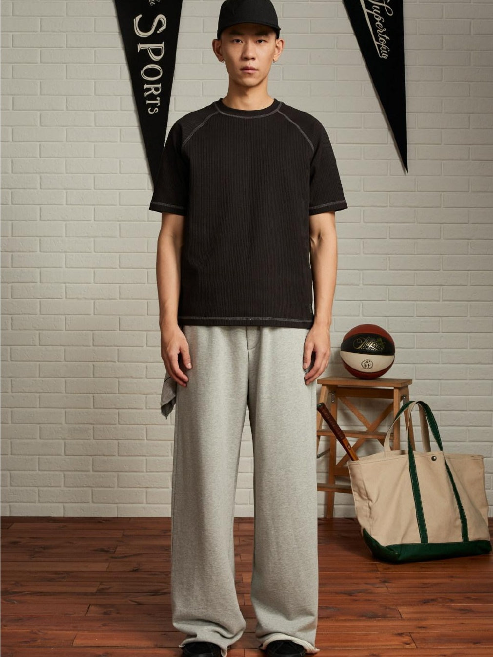 SUPERTOFU Warm Cotton Wide Fit Japanese Vintage Sport Mid Waist Black Gray Straight Pants