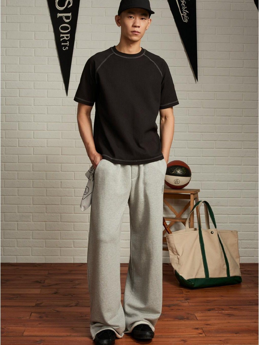 SUPERTOFU Warm Cotton Wide Fit Japanese Vintage Sport Mid Waist Black Gray Straight Pants