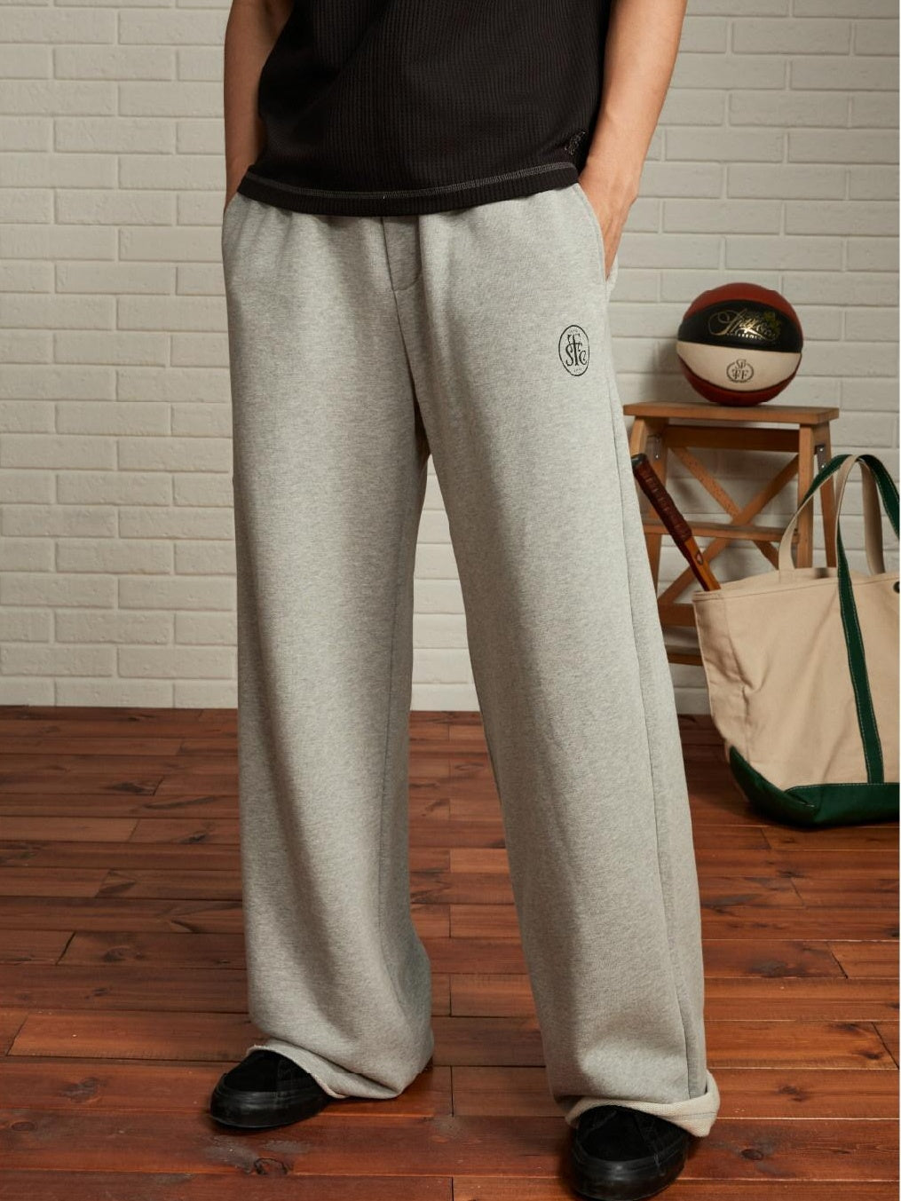 SUPERTOFU Warm Cotton Wide Fit Japanese Vintage Sport Mid Waist Black Gray Straight Pants