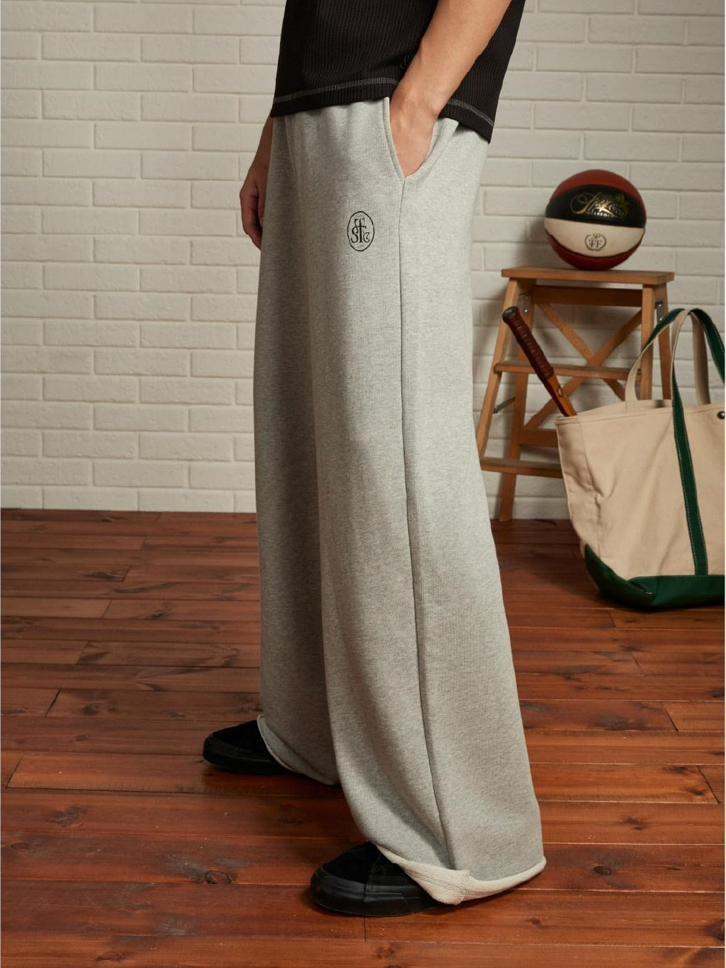 SUPERTOFU Warm Cotton Wide Fit Japanese Vintage Sport Mid Waist Black Gray Straight Pants