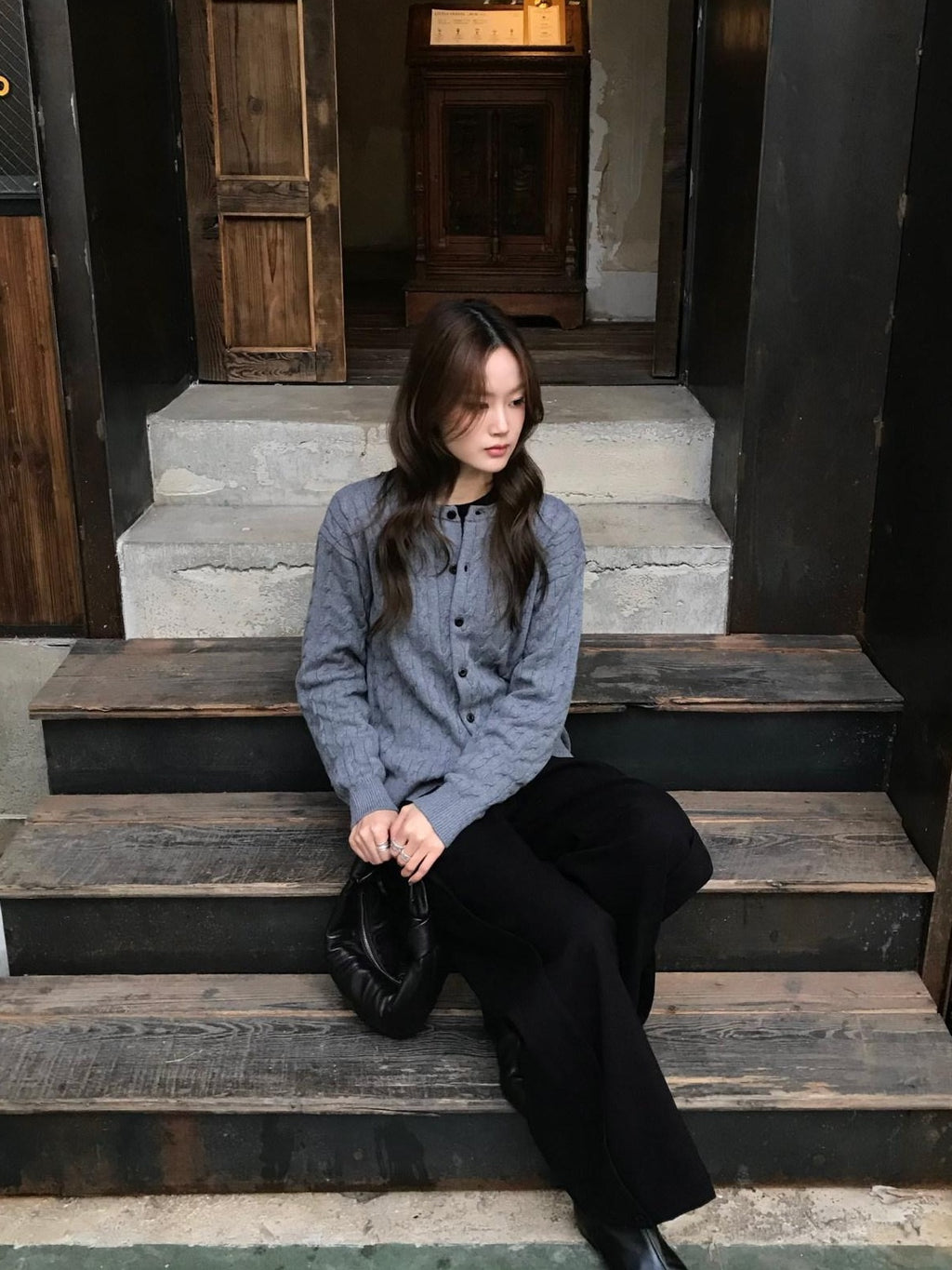 SUPERTOFU Warm Cotton Wool Blend Cable Knit Button Front Loose Unisex Crewneck Cardigans