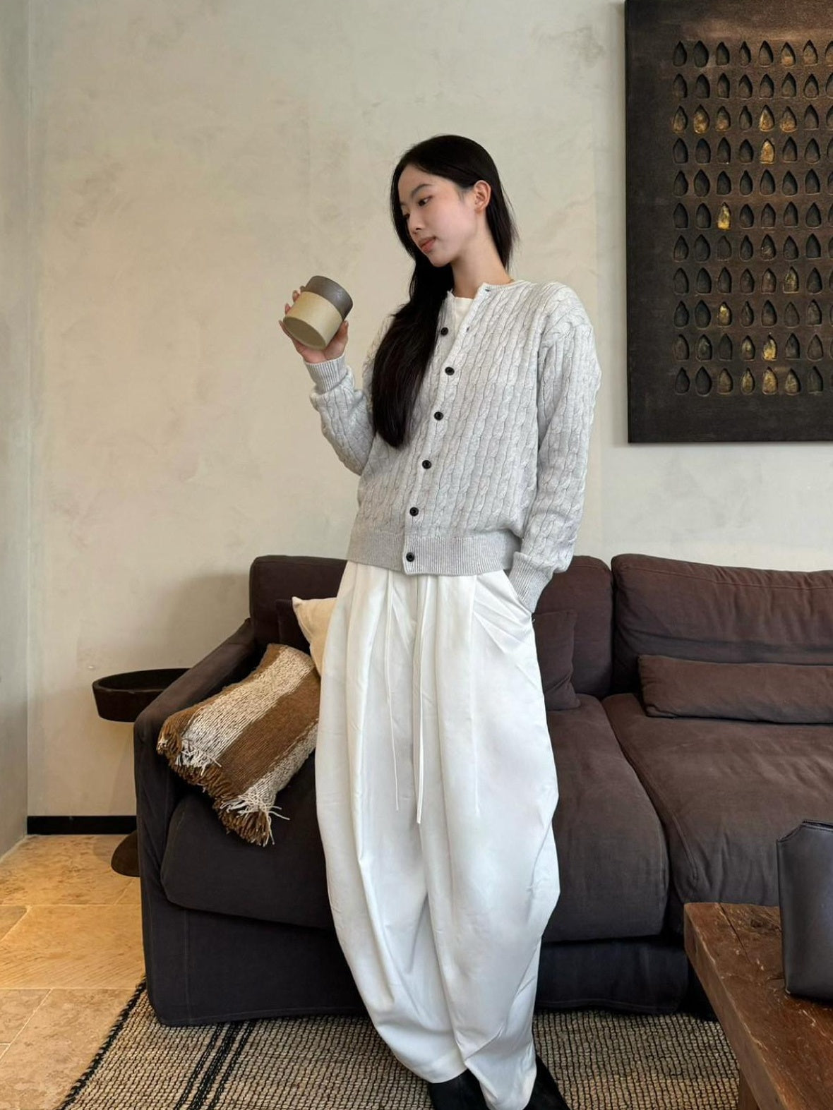 SUPERTOFU Warm Cotton Wool Blend Cable Knit Button Front Loose Unisex Crewneck Cardigans