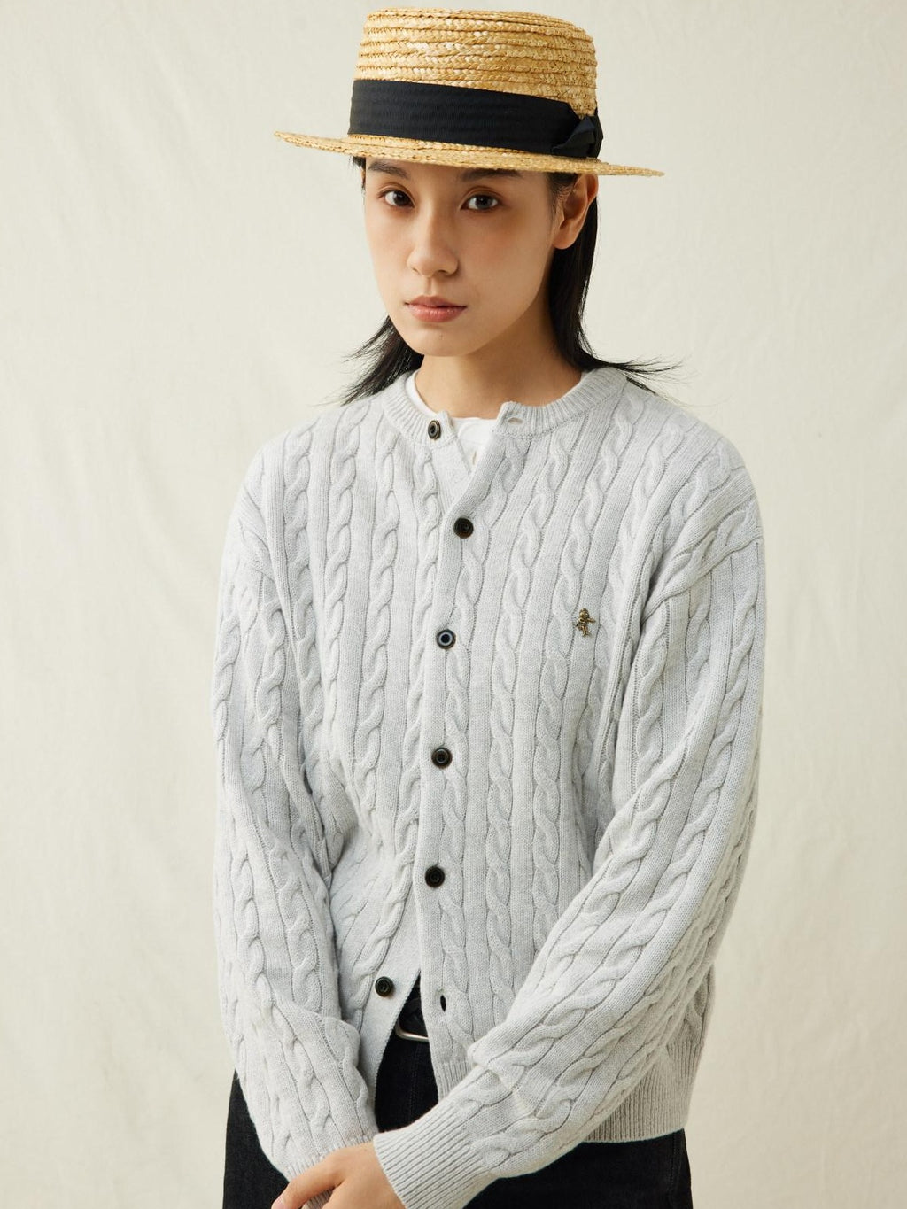SUPERTOFU Warm Cotton Wool Blend Cable Knit Button Front Loose Unisex Crewneck Cardigans