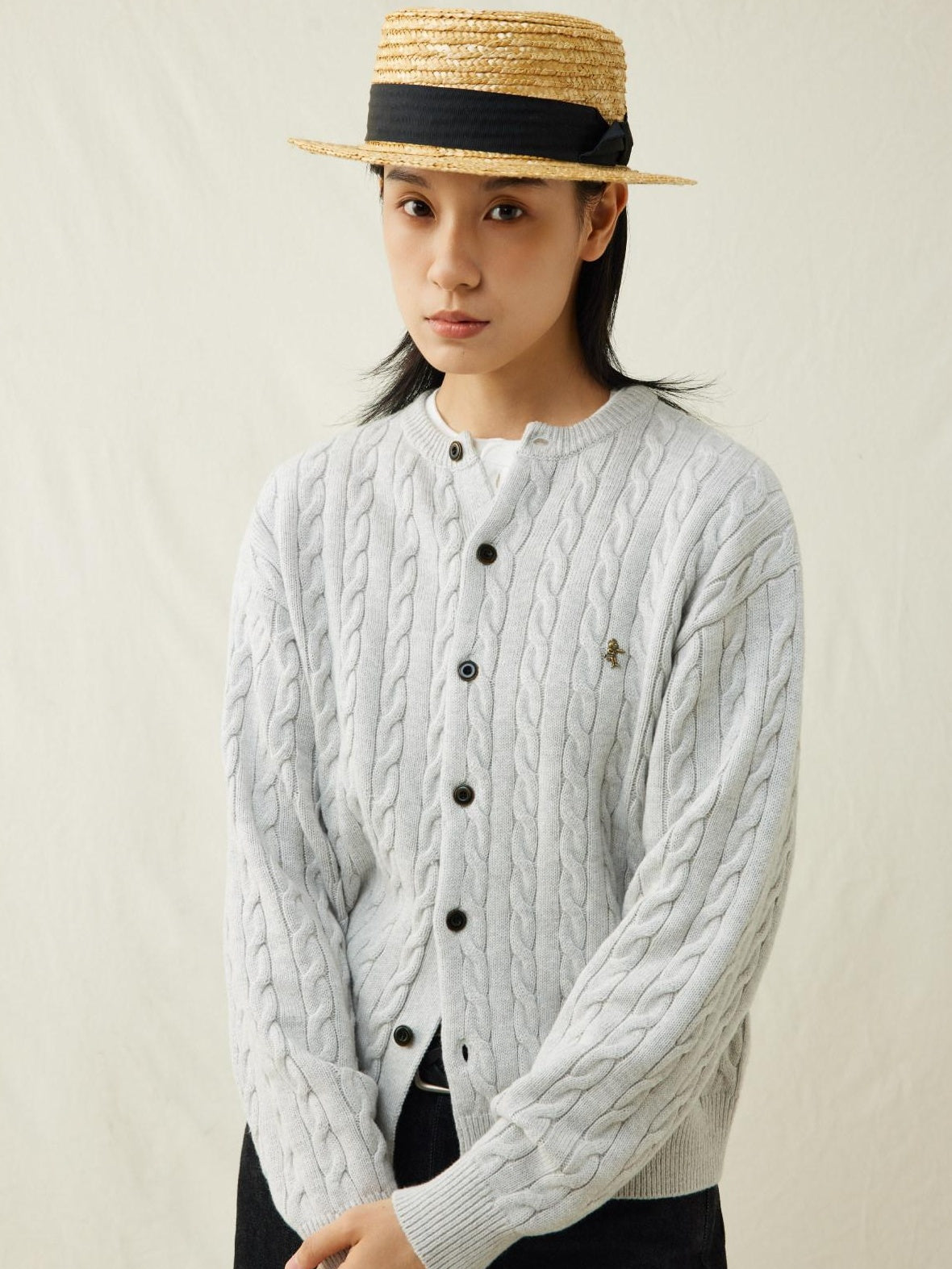 SUPERTOFU Warm Cotton Wool Blend Cable Knit Button Front Loose Unisex Crewneck Cardigans