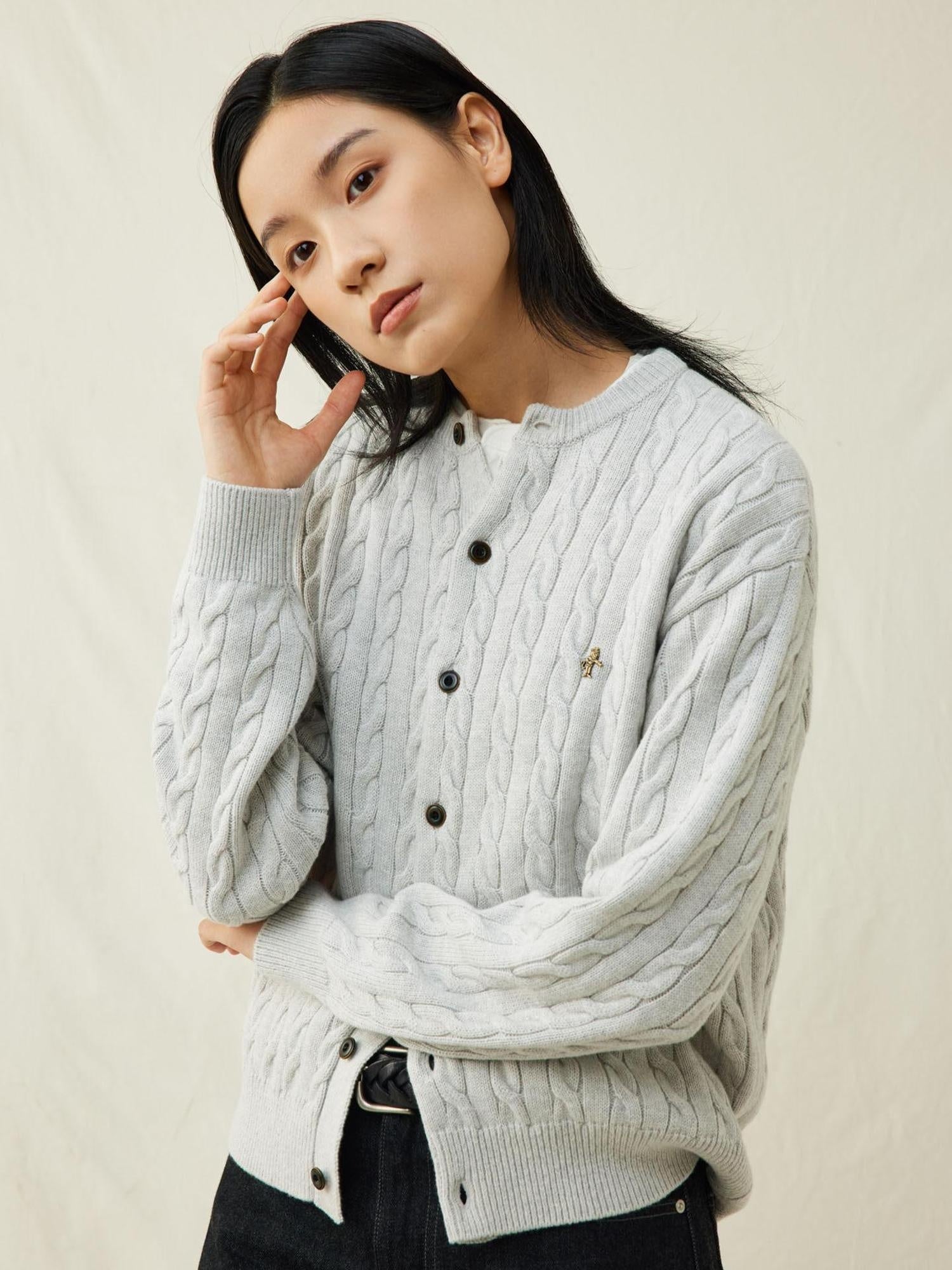 SUPERTOFU Warm Cotton Wool Blend Cable Knit Button Front Loose Unisex Crewneck Cardigans