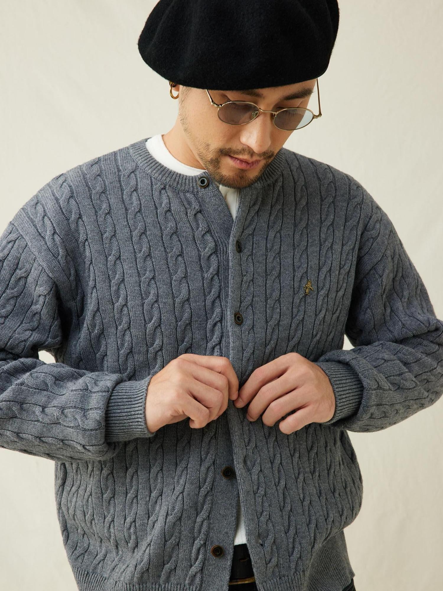 SUPERTOFU Warm Cotton Wool Blend Cable Knit Button Front Loose Unisex Crewneck Cardigans
