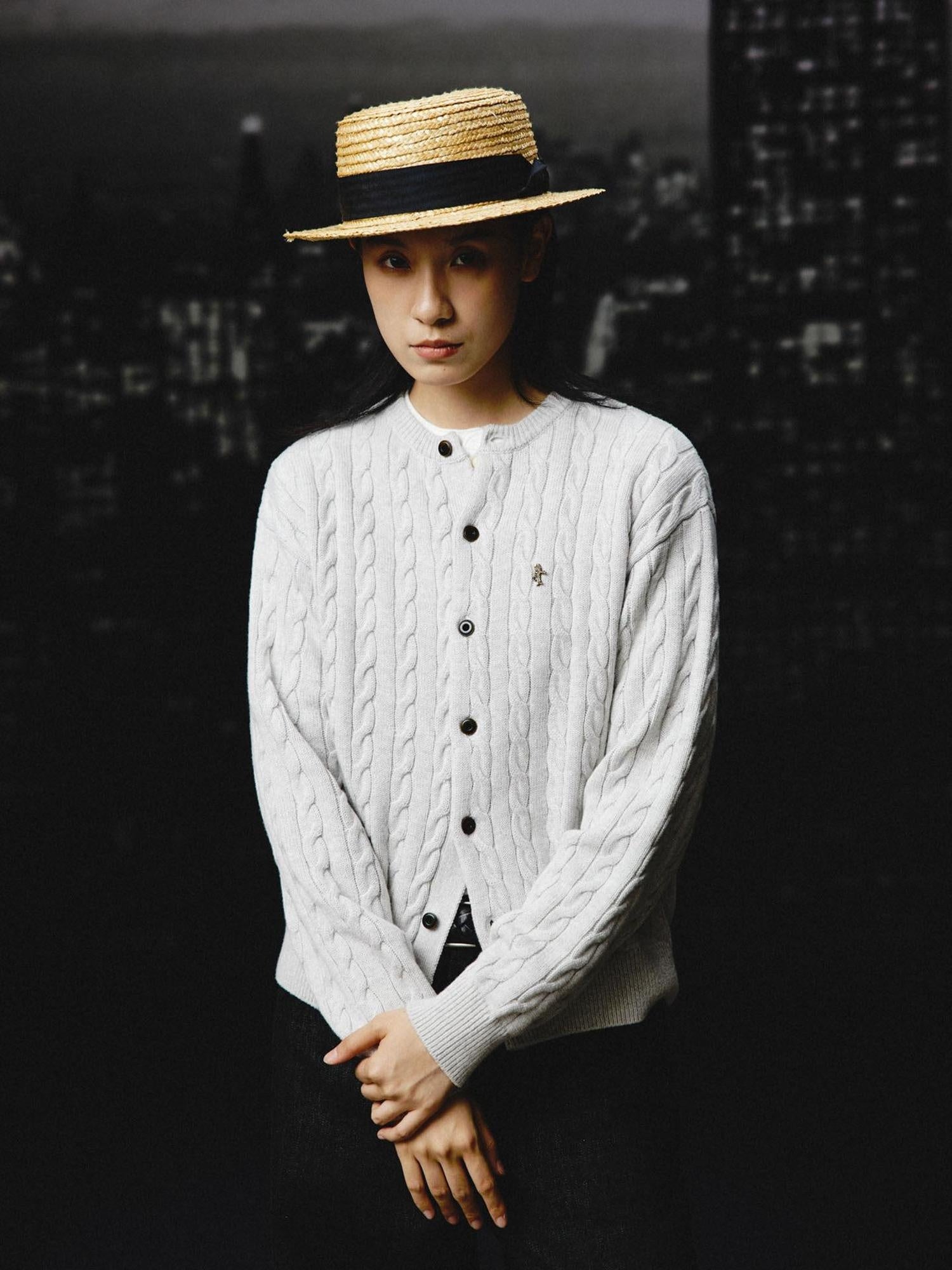 SUPERTOFU Warm Cotton Wool Blend Cable Knit Button Front Loose Unisex Crewneck Cardigans