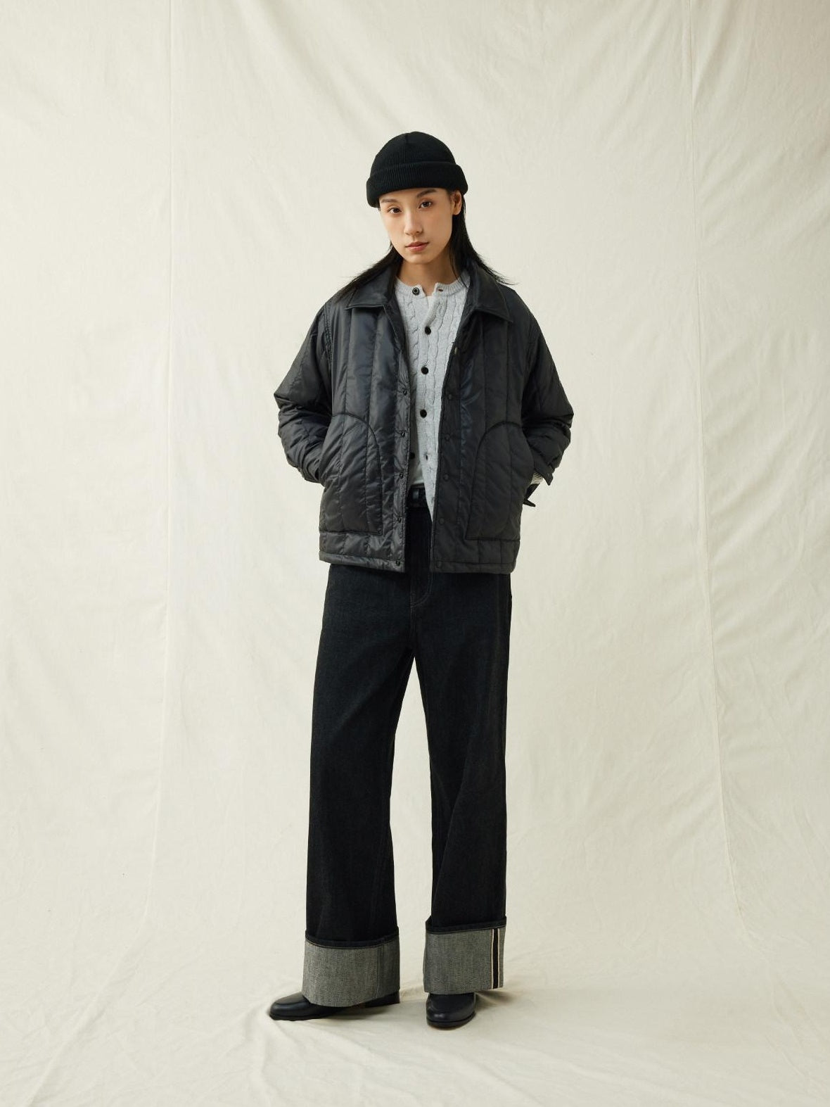 SUPERTOFU Warm Thick Sheepskin Standard Fit Lapel Collar Unisex Daily Black Puffer Jackets